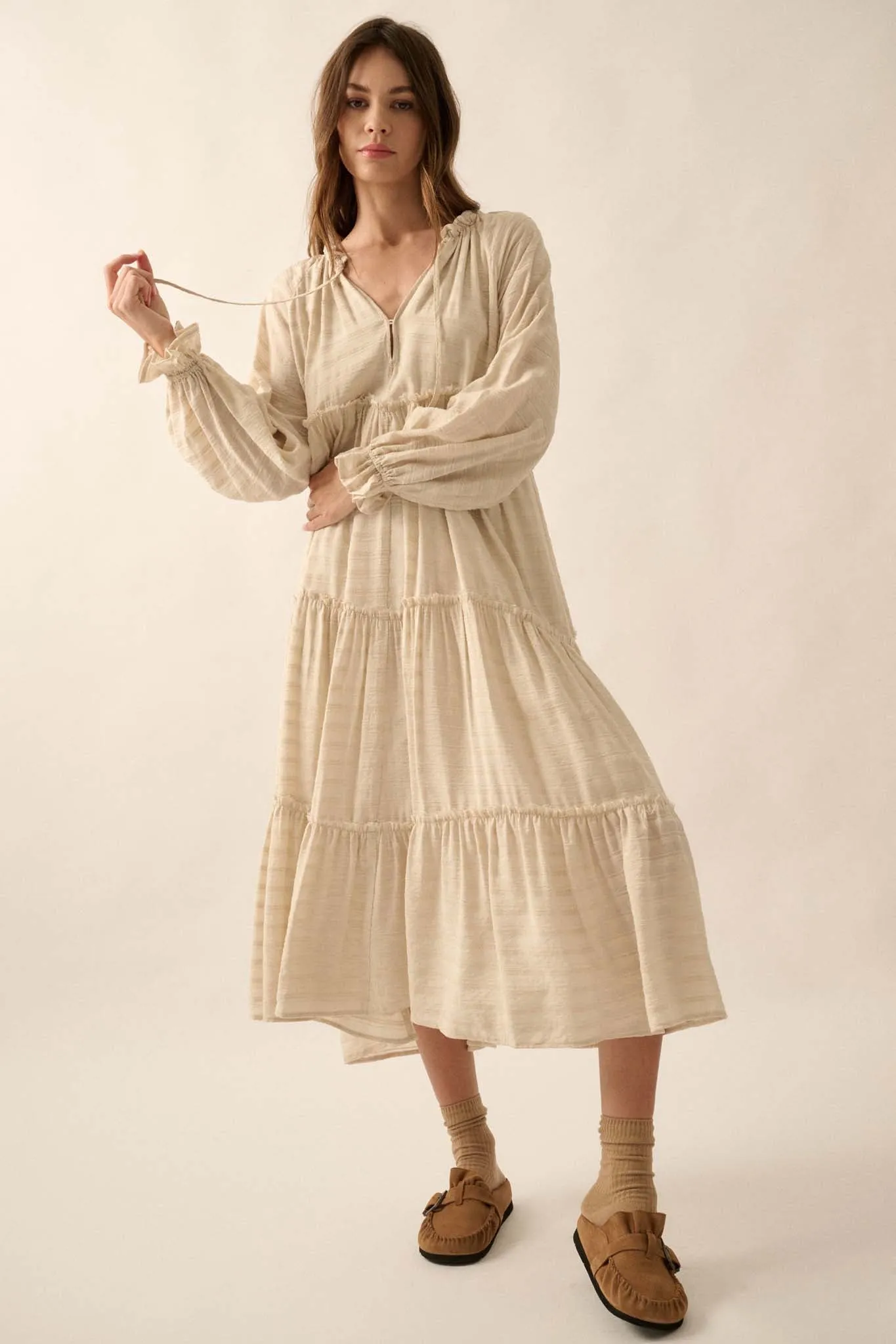 Begin Again Tiered Tonal-Stripe Midi Prairie Dress