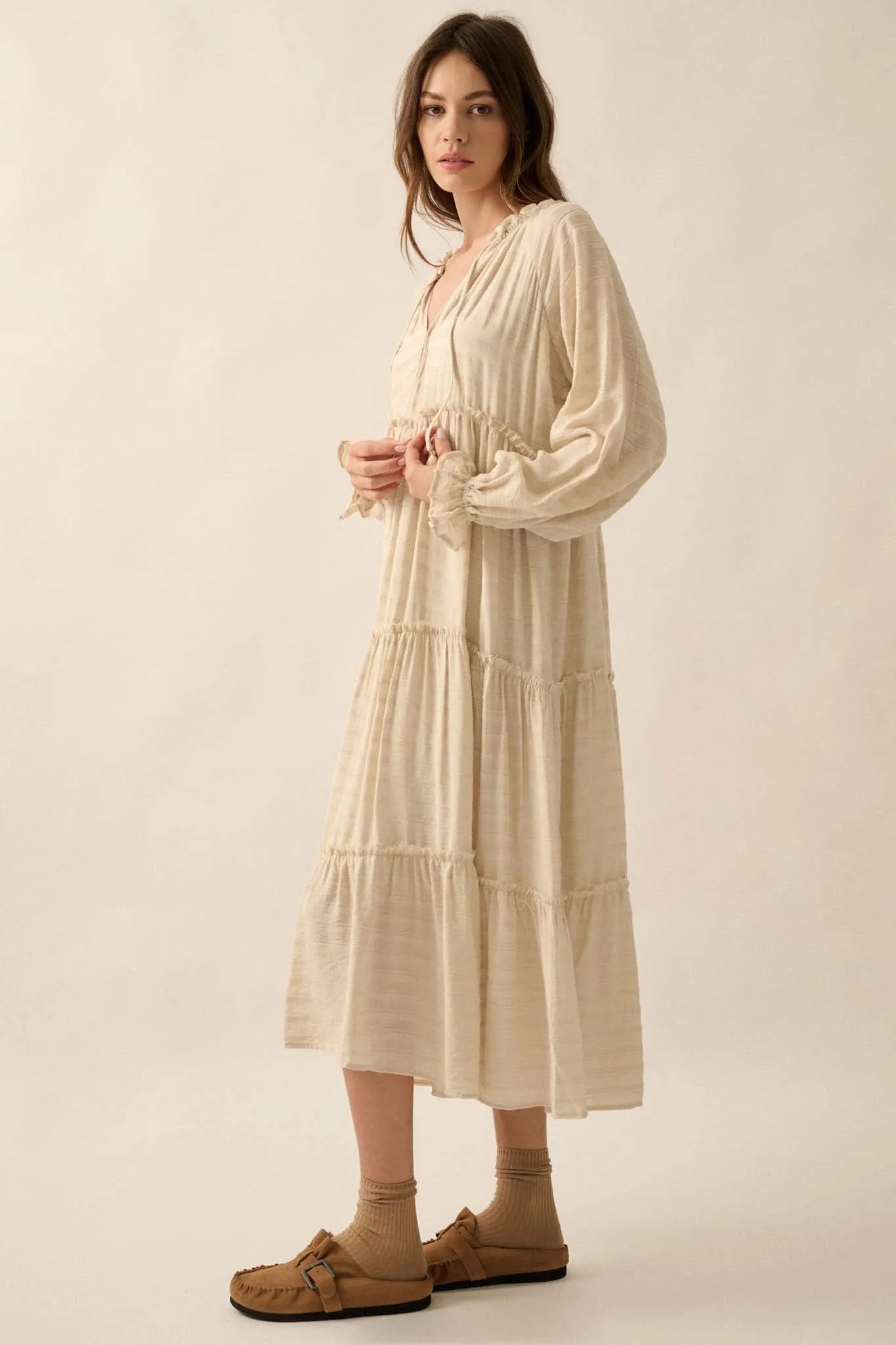 Begin Again Tiered Tonal-Stripe Midi Prairie Dress
