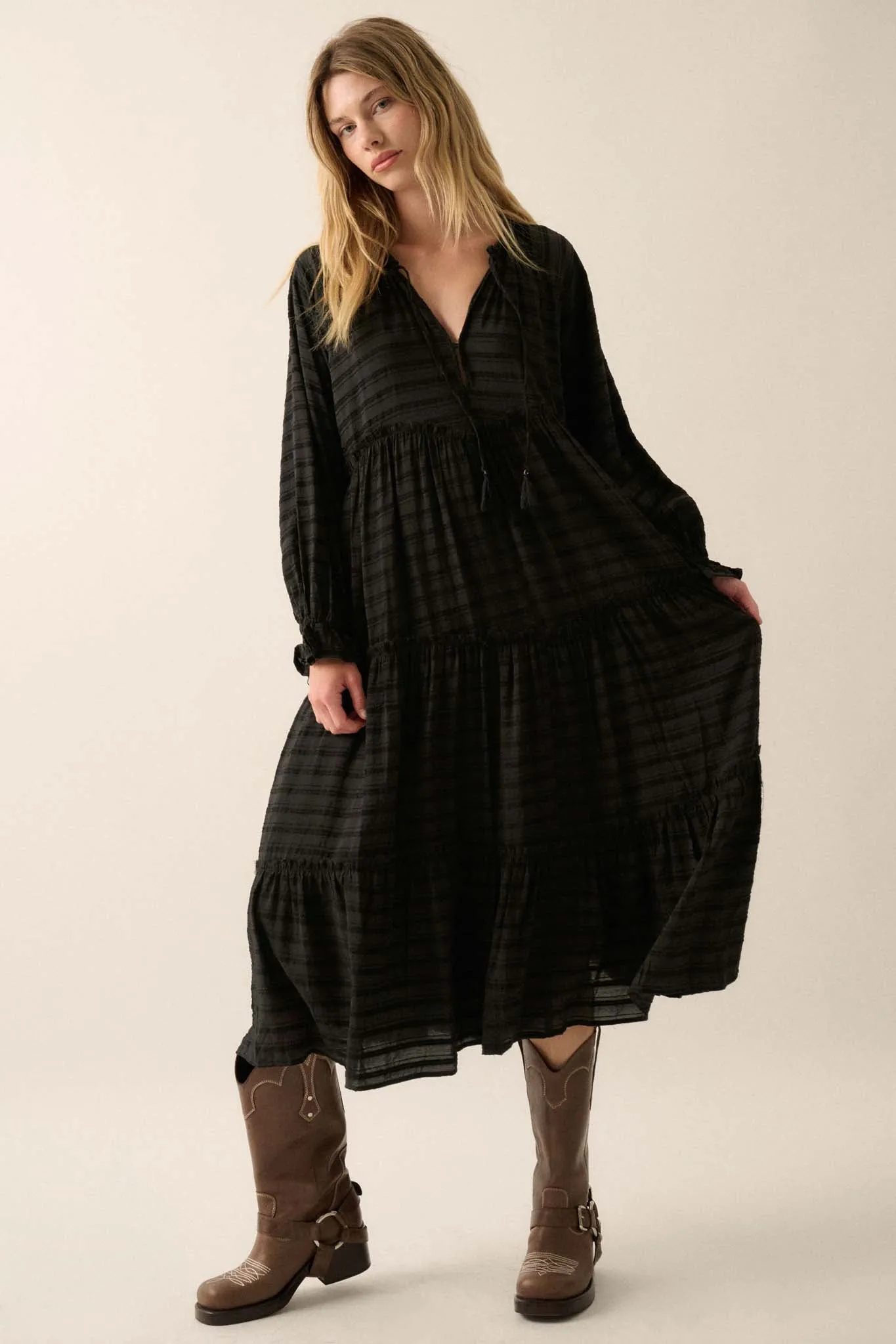 Begin Again Tiered Tonal-Stripe Midi Prairie Dress