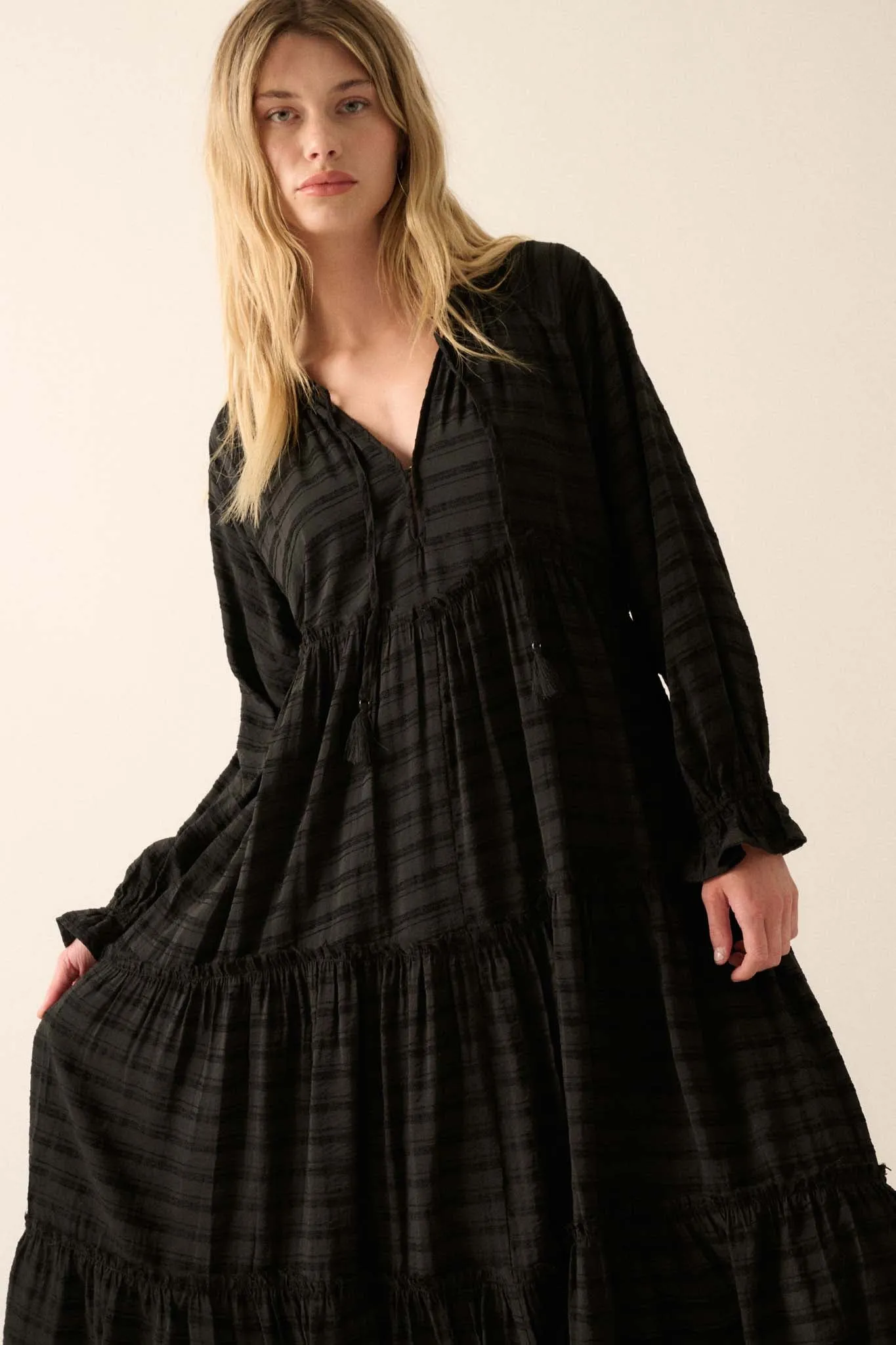 Begin Again Tiered Tonal-Stripe Midi Prairie Dress