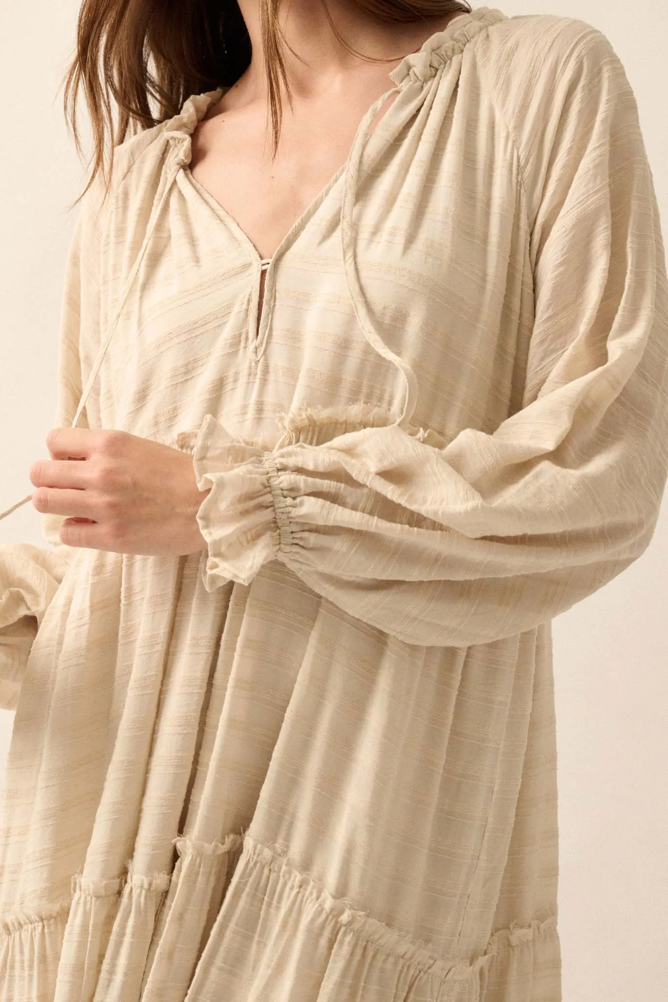 Begin Again Tiered Tonal-Stripe Midi Prairie Dress