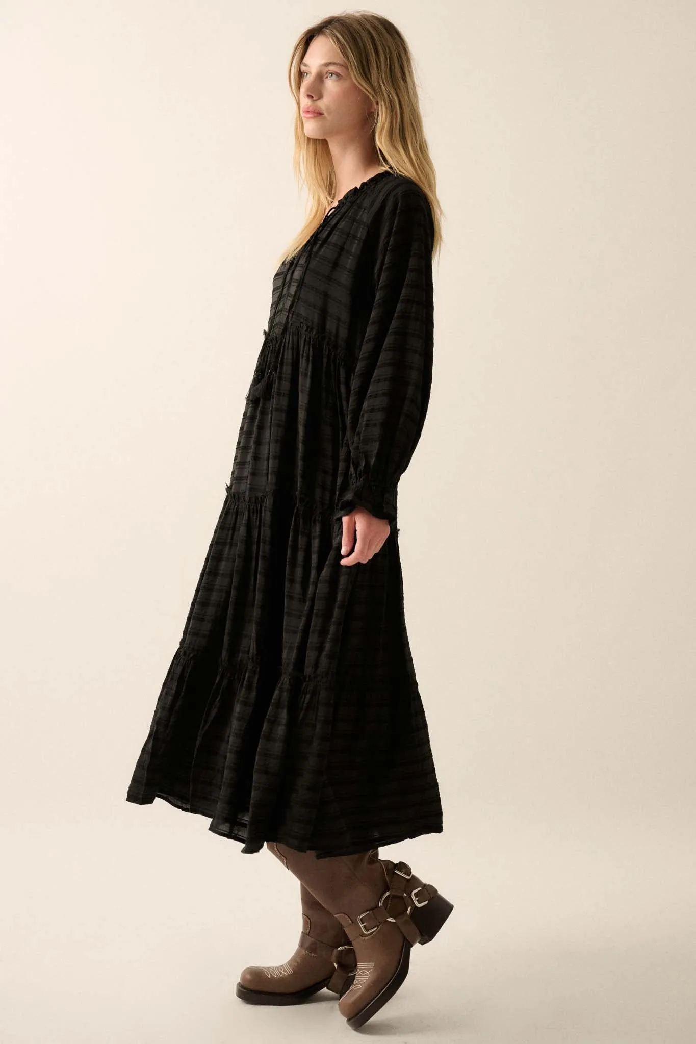 Begin Again Tiered Tonal-Stripe Midi Prairie Dress