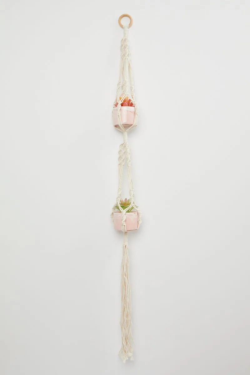 Beige Double Macrame Plant Pot Hanger