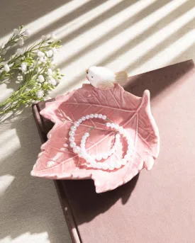 Bird on Maple Leaf Ring Dish - Pink