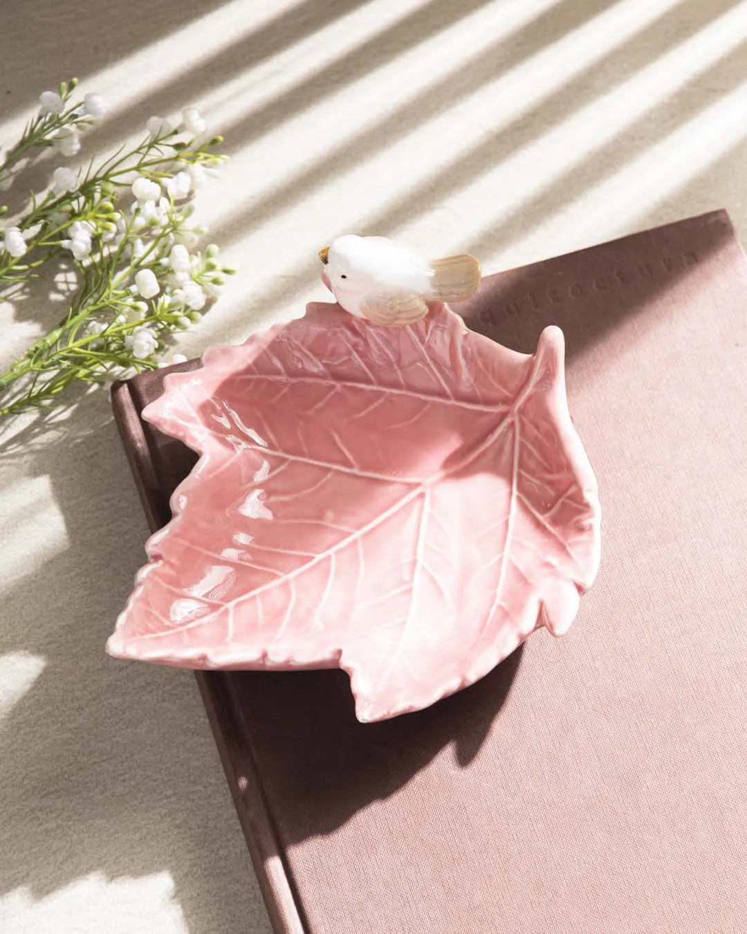 Bird on Maple Leaf Ring Dish - Pink