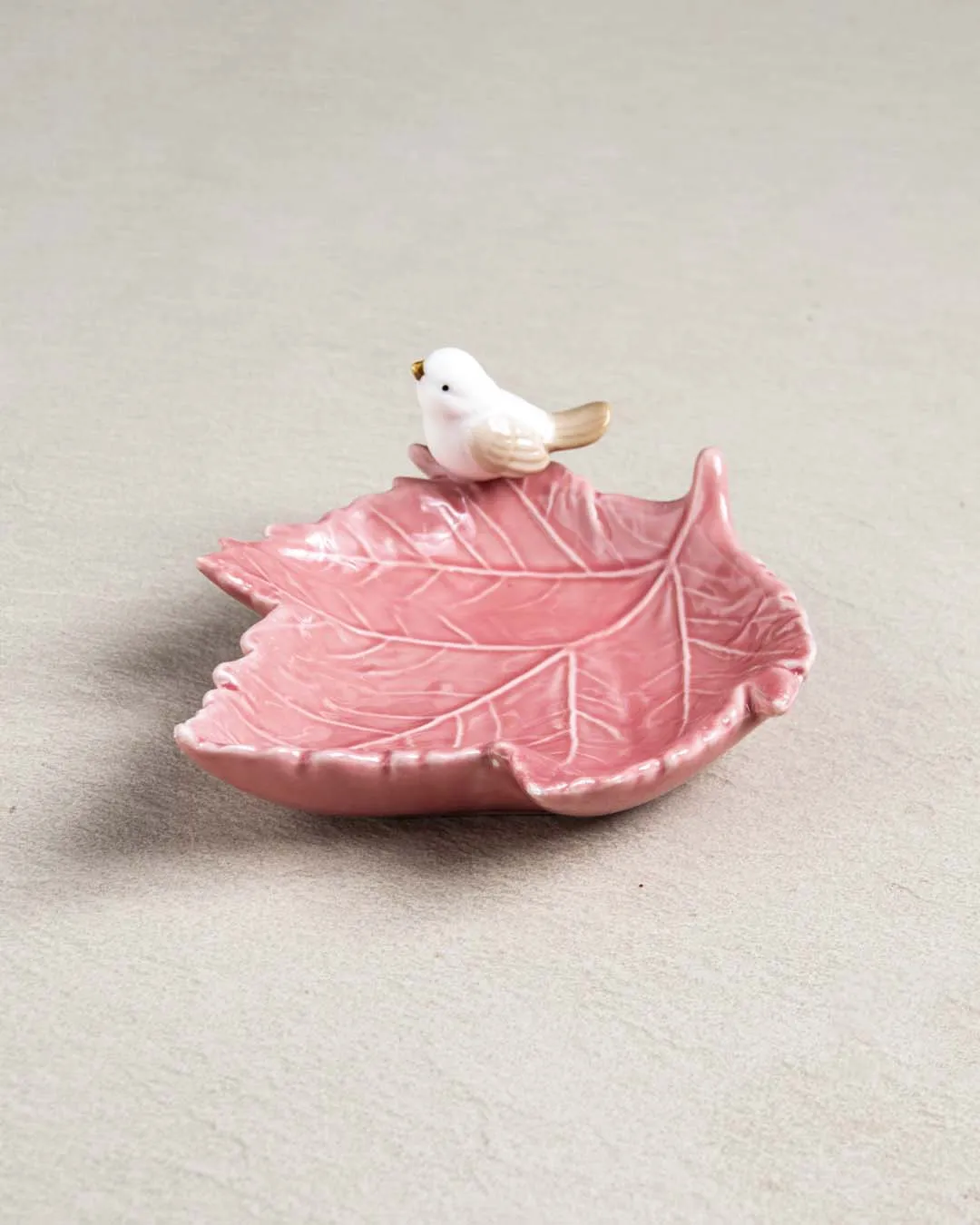 Bird on Maple Leaf Ring Dish - Pink