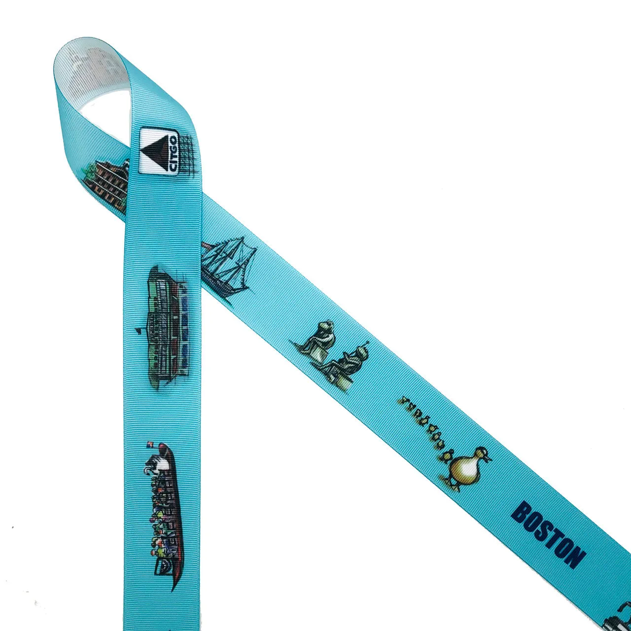 Boston Landmark Ribbon, Light Blue background on 7/8" and 1.5"  White grosgrain
