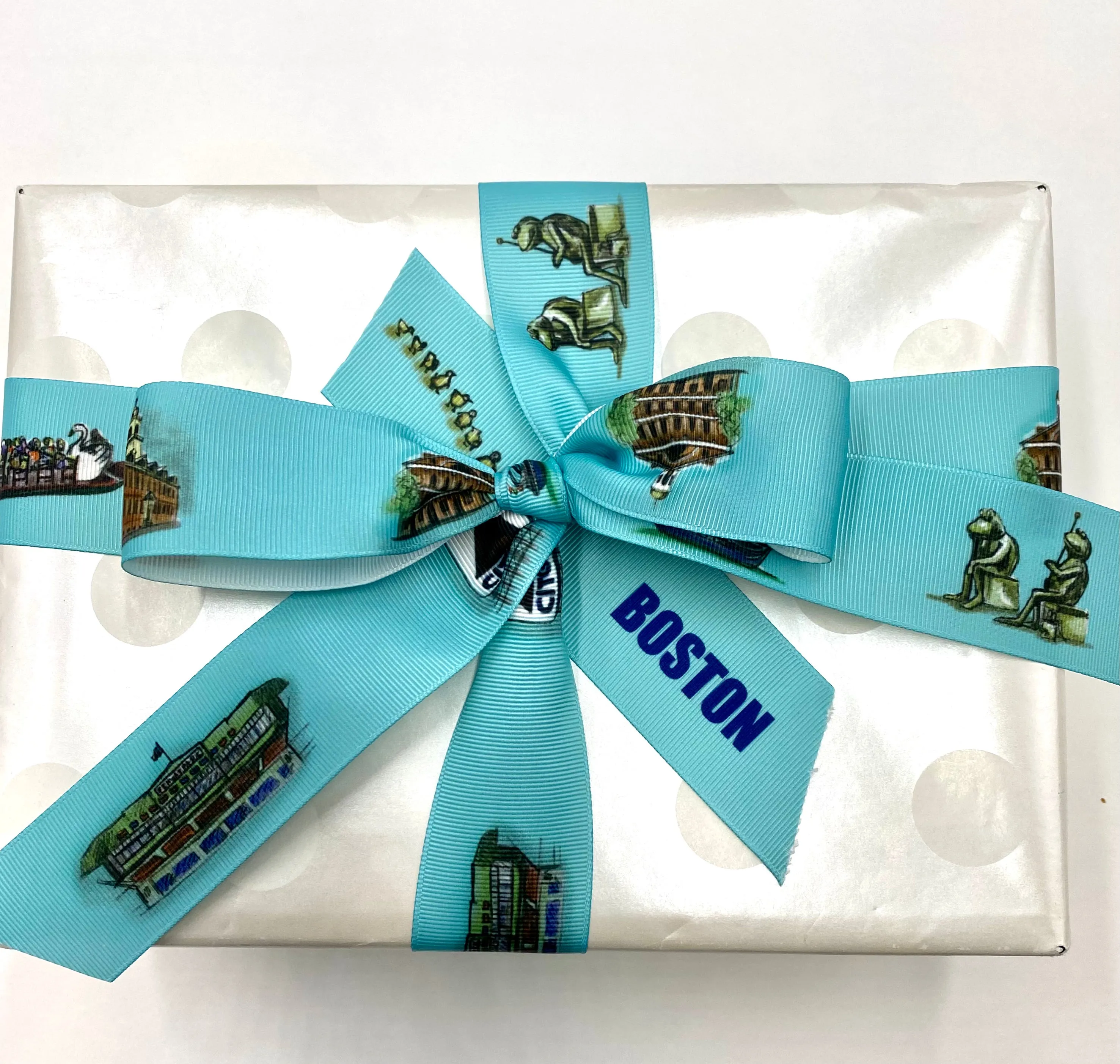 Boston Landmark Ribbon, Light Blue background on 7/8" and 1.5"  White grosgrain