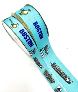 Boston Landmark Ribbon, Light Blue background on 7/8" and 1.5"  White grosgrain