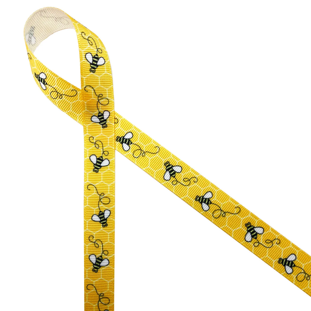 Buzzing Bees Ribbon with a yellow comb printed on 5/8", 7/8" and 1.5"  white grosgrain