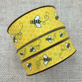 Buzzing Bees Ribbon with a yellow comb printed on 5/8", 7/8" and 1.5"  white grosgrain
