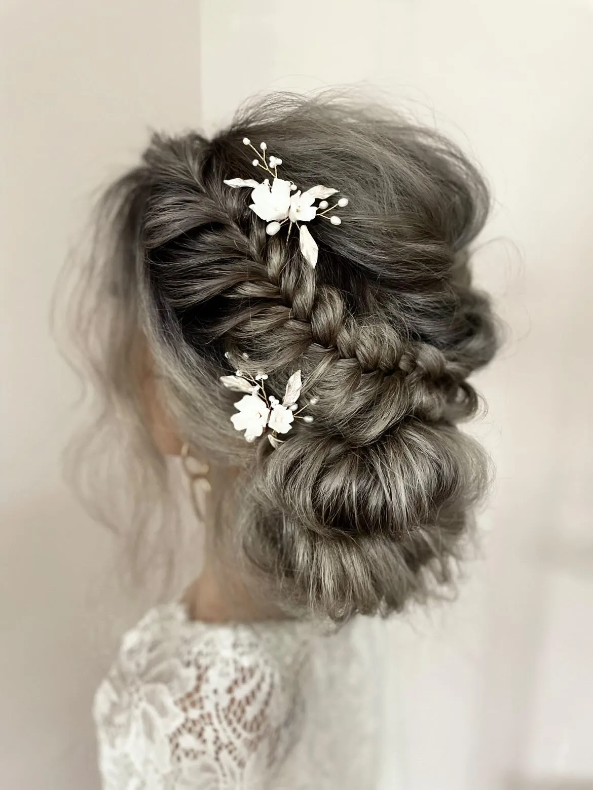 C194 boho bridal hair comb, clay flower with silver/champagne leaves