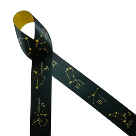 Constellation astrology ribbon with the zodiac  printed on 1.5" gold satin