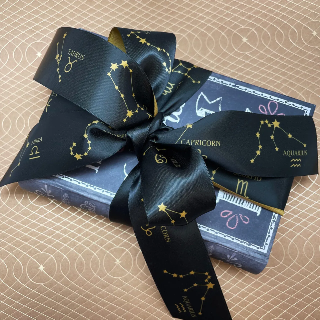 Constellation astrology ribbon with the zodiac  printed on 1.5" gold satin