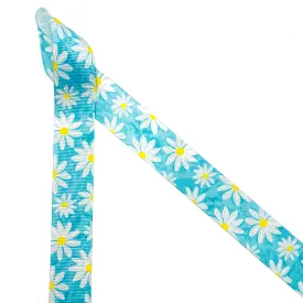 Daisy ribbon daisy blossoms on a watercolor blue background printed on 7/8" grosgrain