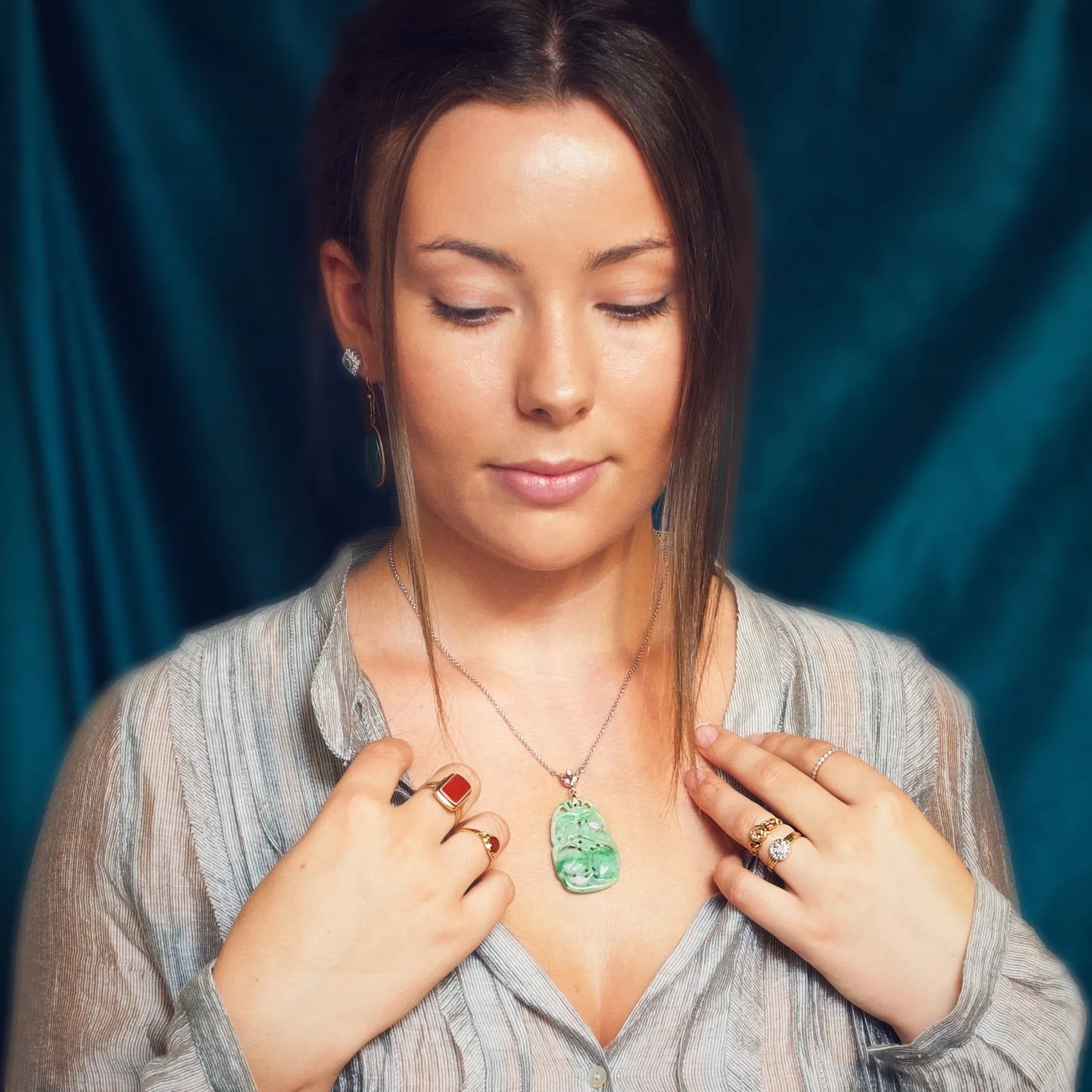 Divine Deco Styled Vintage Jadeite & Diamond Pendant