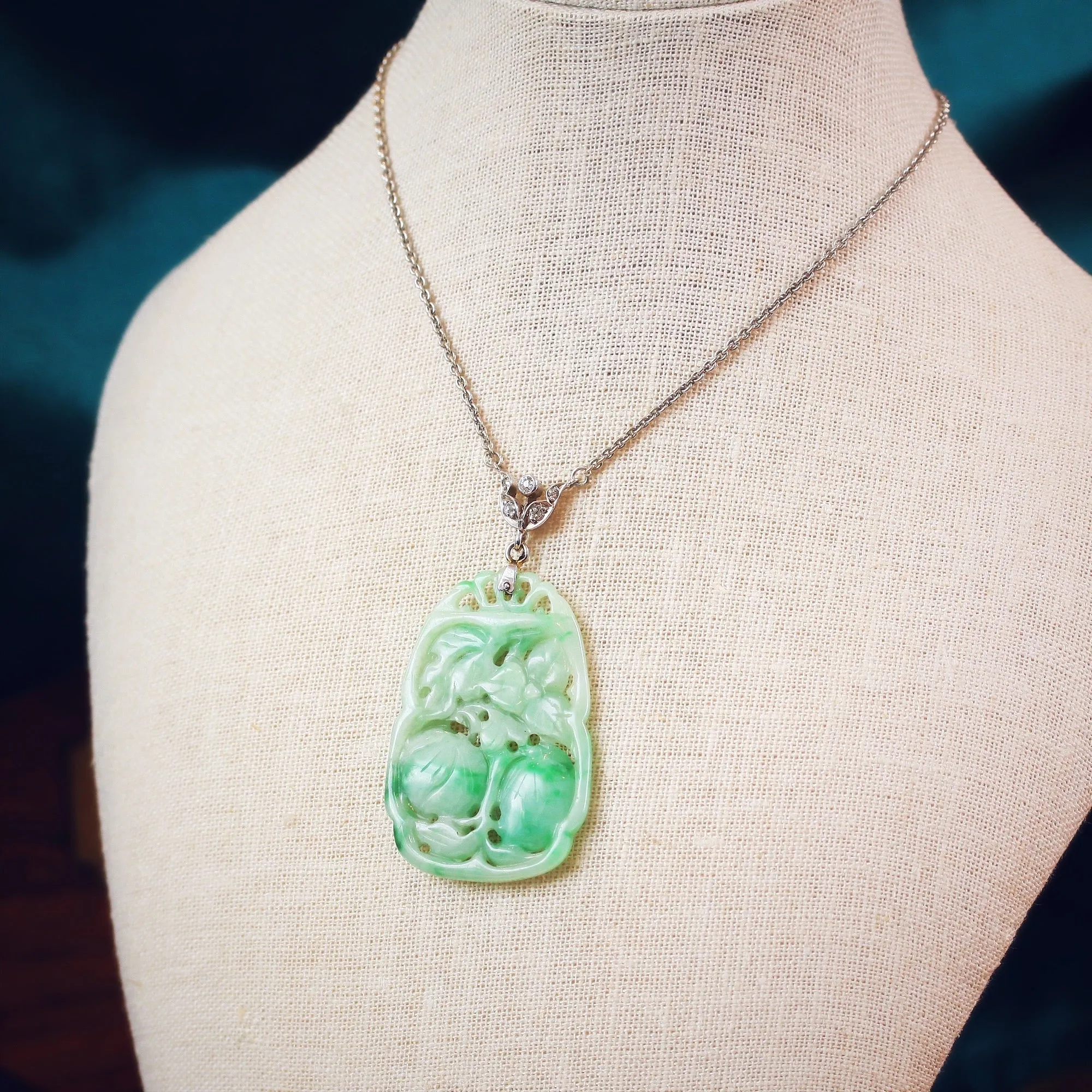 Divine Deco Styled Vintage Jadeite & Diamond Pendant