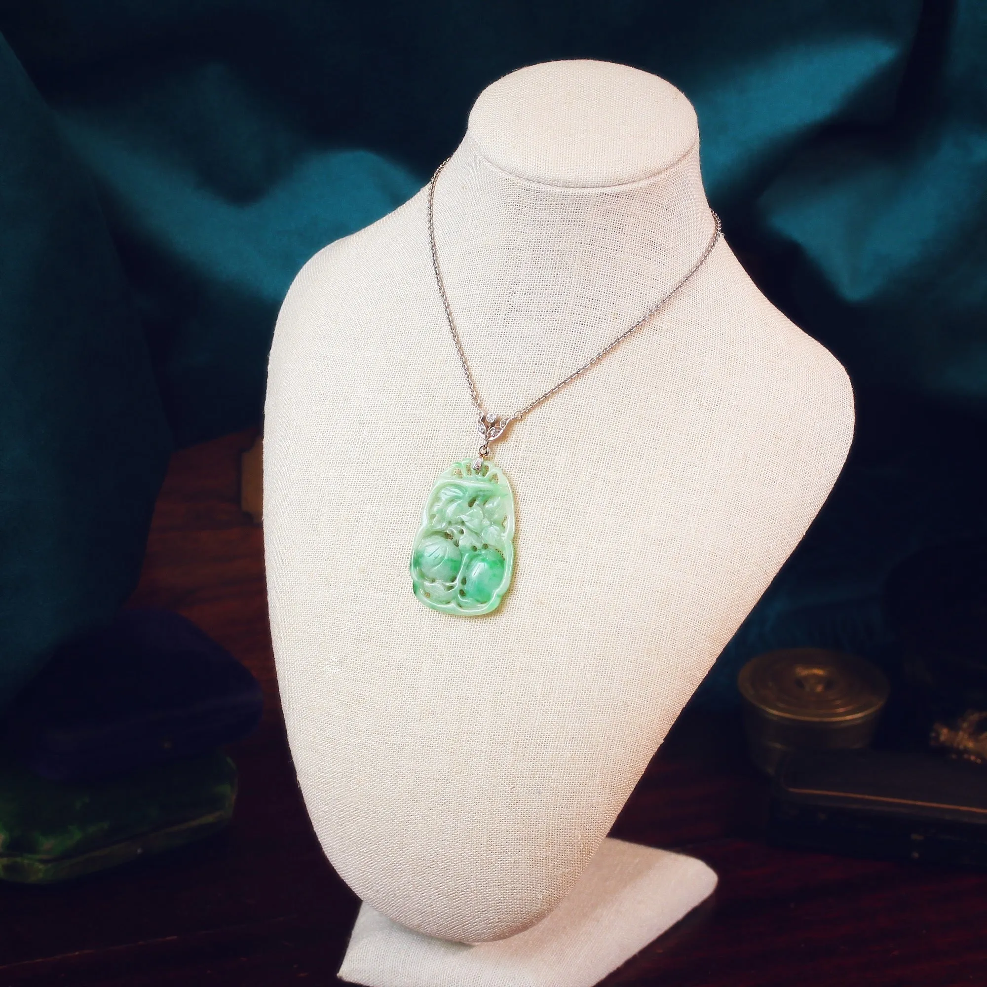 Divine Deco Styled Vintage Jadeite & Diamond Pendant