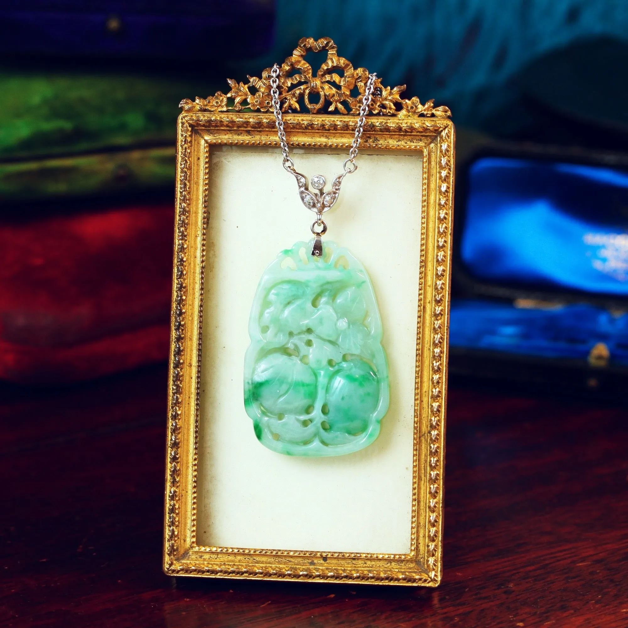 Divine Deco Styled Vintage Jadeite & Diamond Pendant