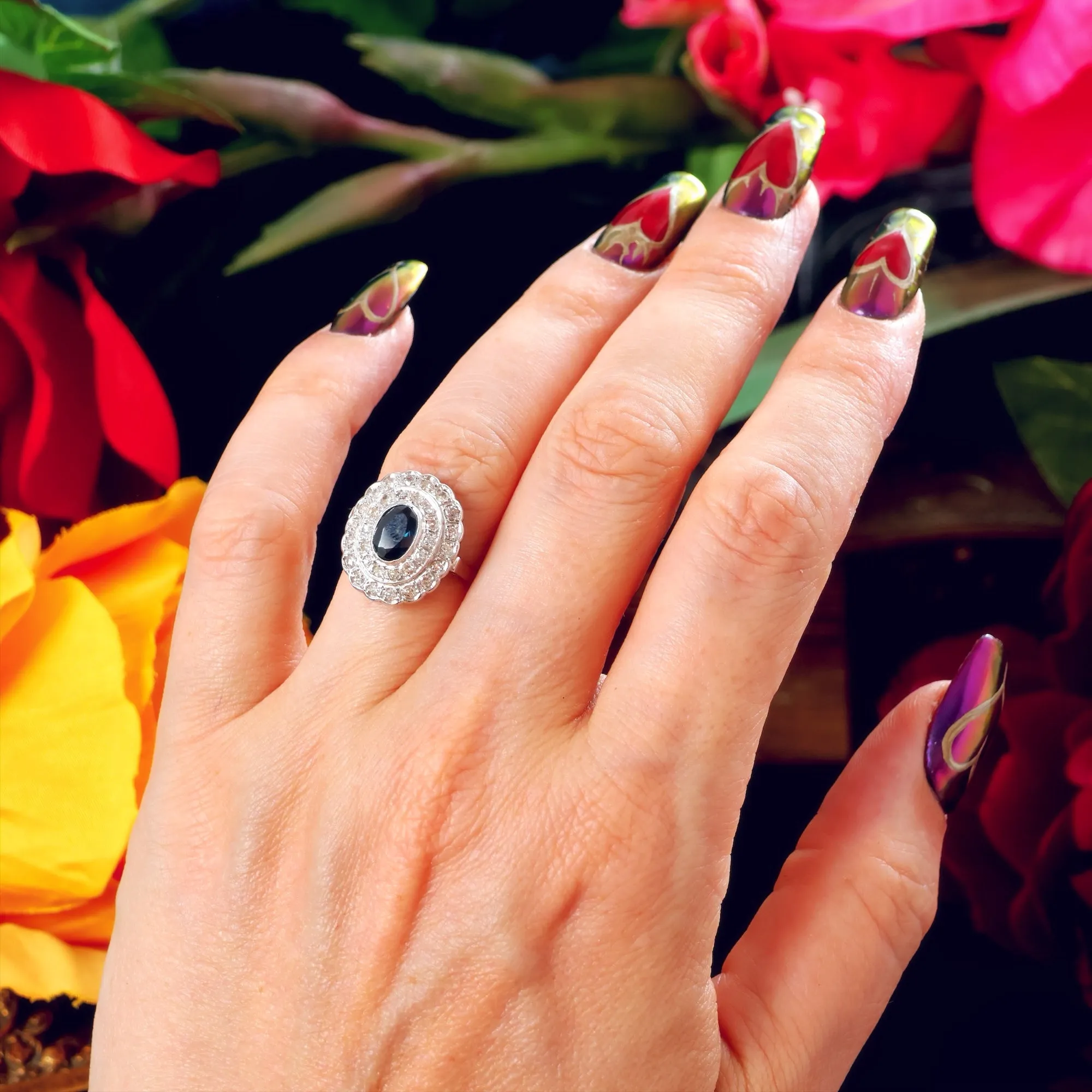 Drama Queen! Vintage Sapphire & Diamond Cluster Cocktail Ring