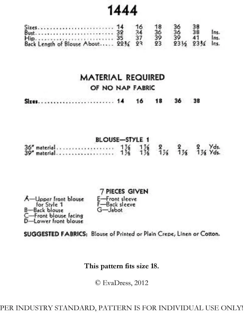 E-PATTERN 1934 Blouse with Jabot, E1444