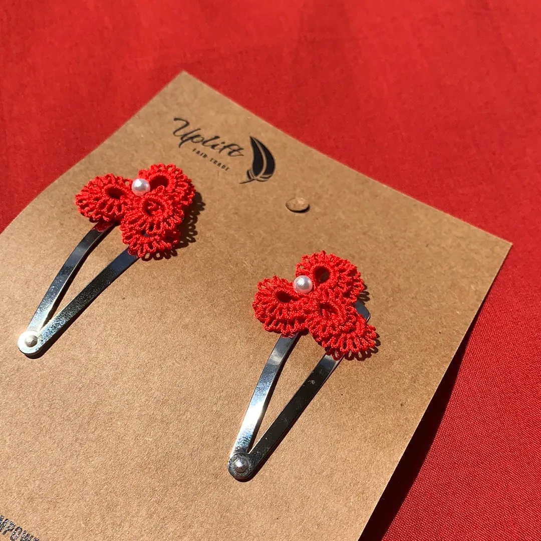 Fair Trade  Ethical Pair of Tatted Hair Clips Center Bead