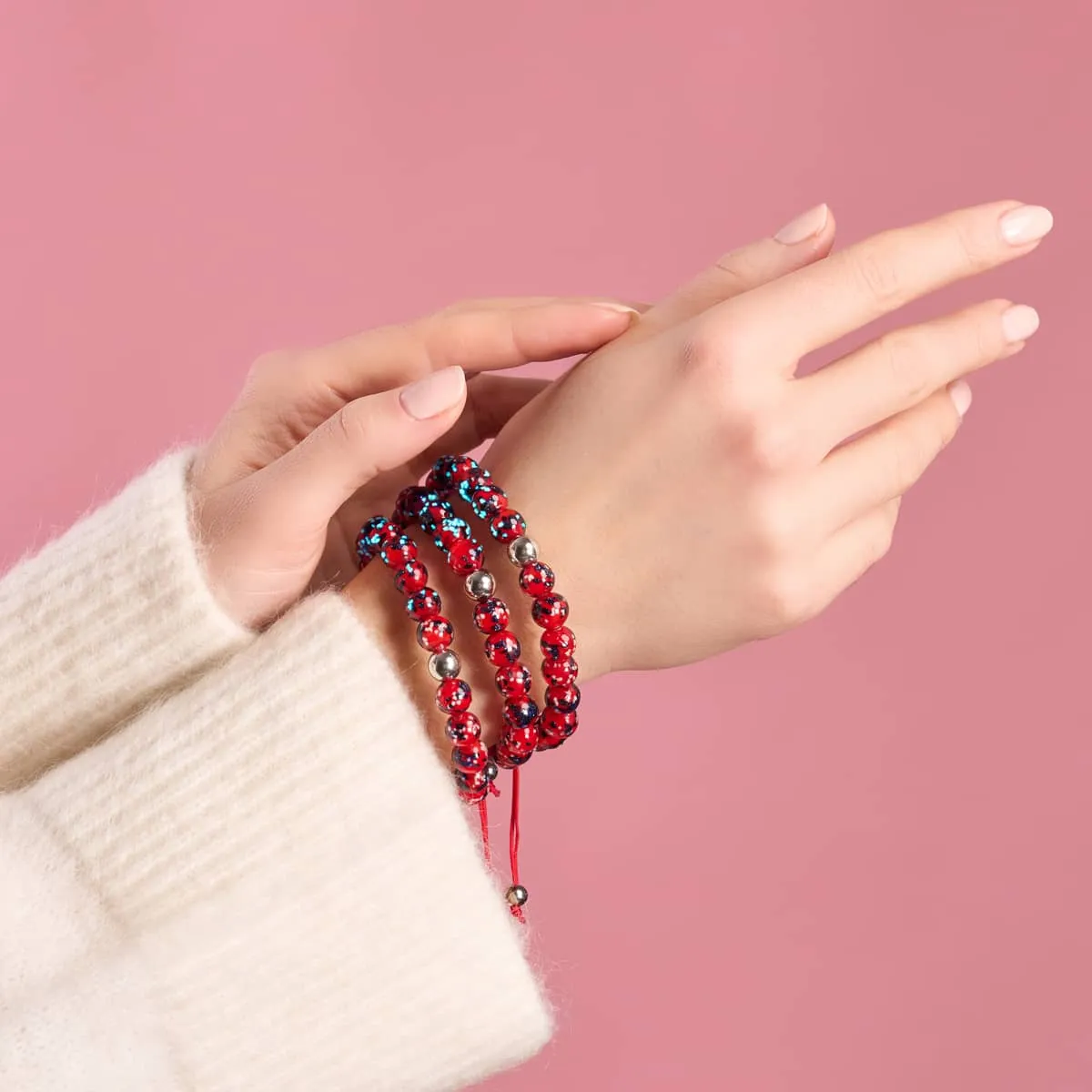 Elegant Fire & Ice Silver Firefly Glass Macrame Bracelet