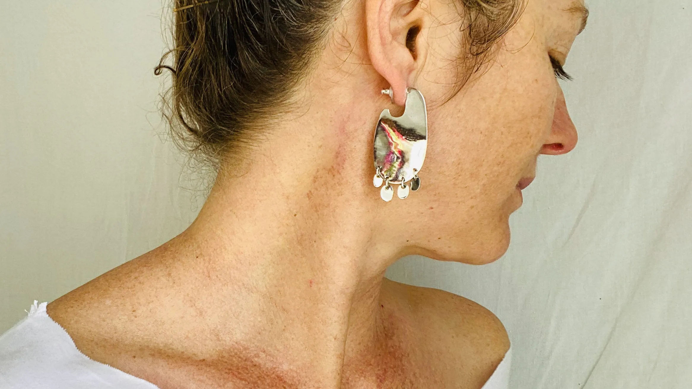 Flat Hoops with Dangles Silver Earrings. Atelier Aadya