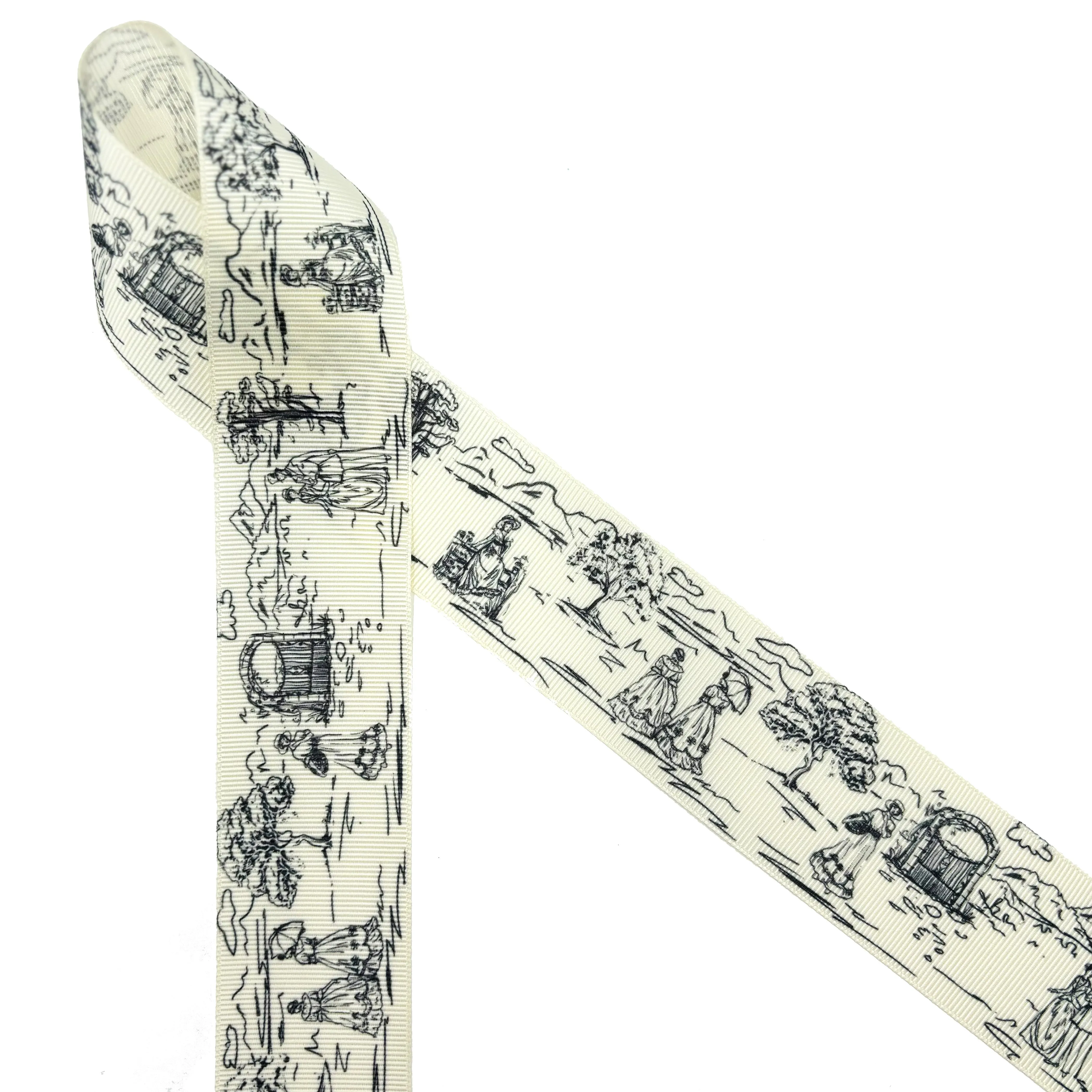 French Toile Ribbon in red , black and blue with a pastoral scene of a couple strolling in a park printed on 1.5" antique white grosgrain