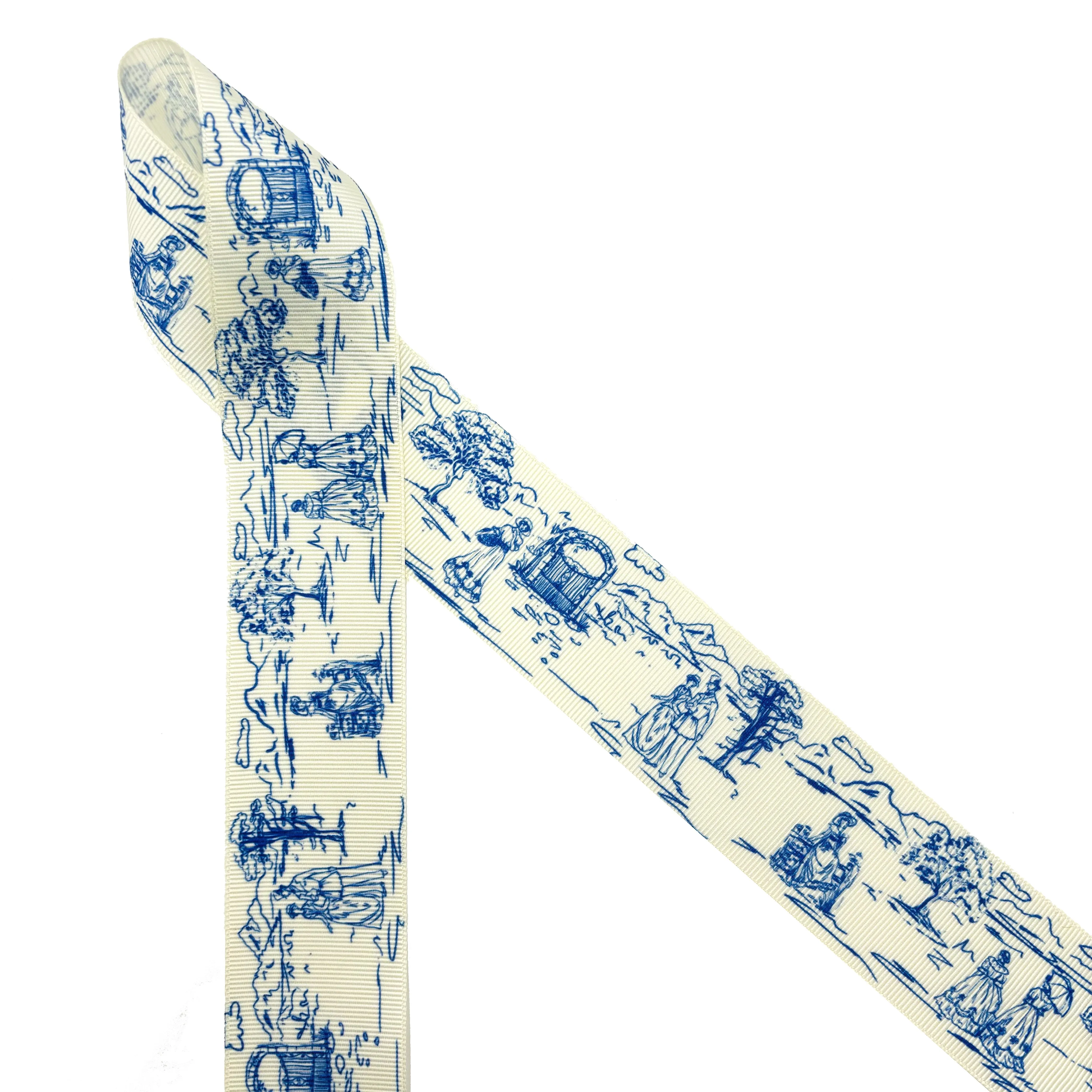 French Toile Ribbon in red , black and blue with a pastoral scene of a couple strolling in a park printed on 1.5" antique white grosgrain