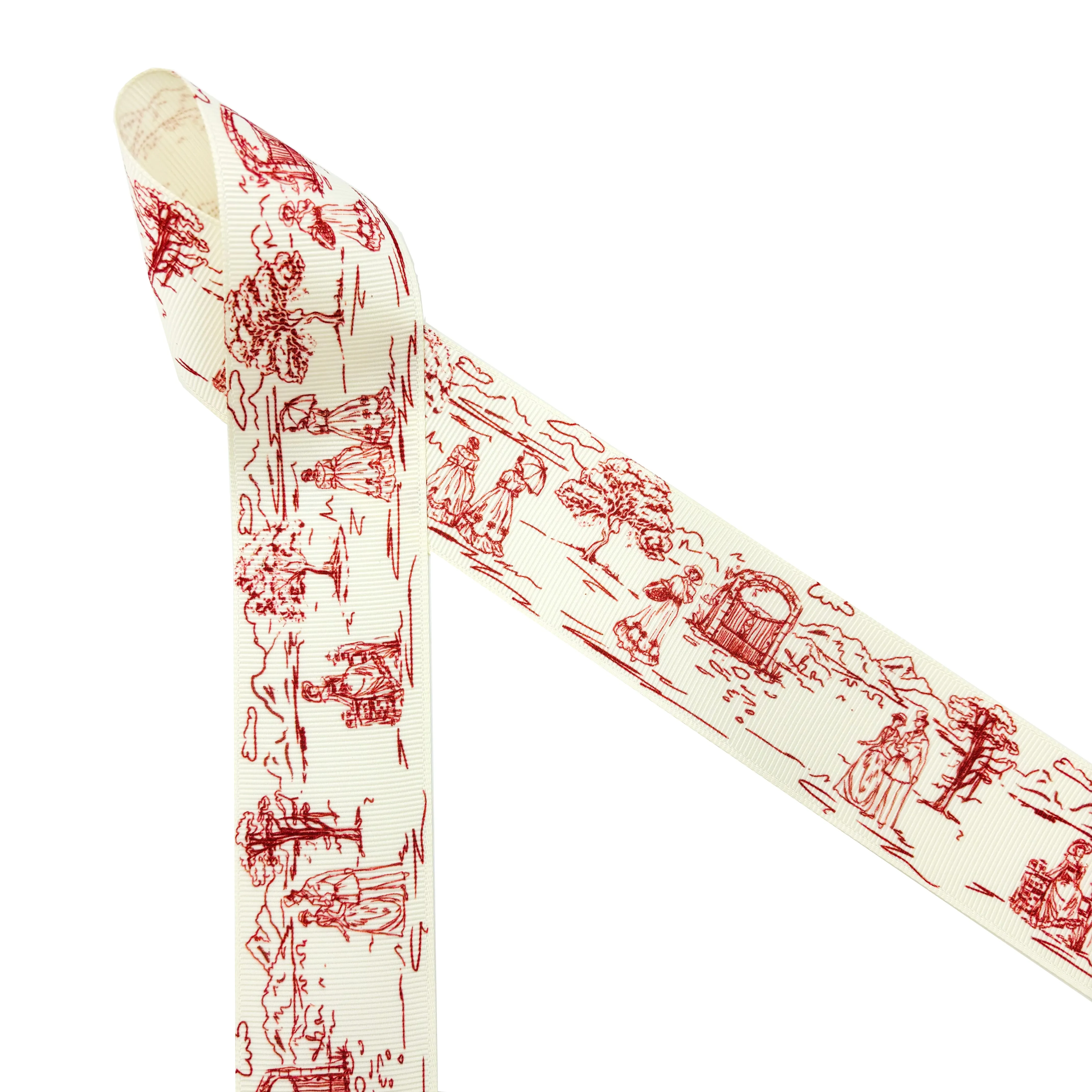 French Toile Ribbon in red , black and blue with a pastoral scene of a couple strolling in a park printed on 1.5" antique white grosgrain