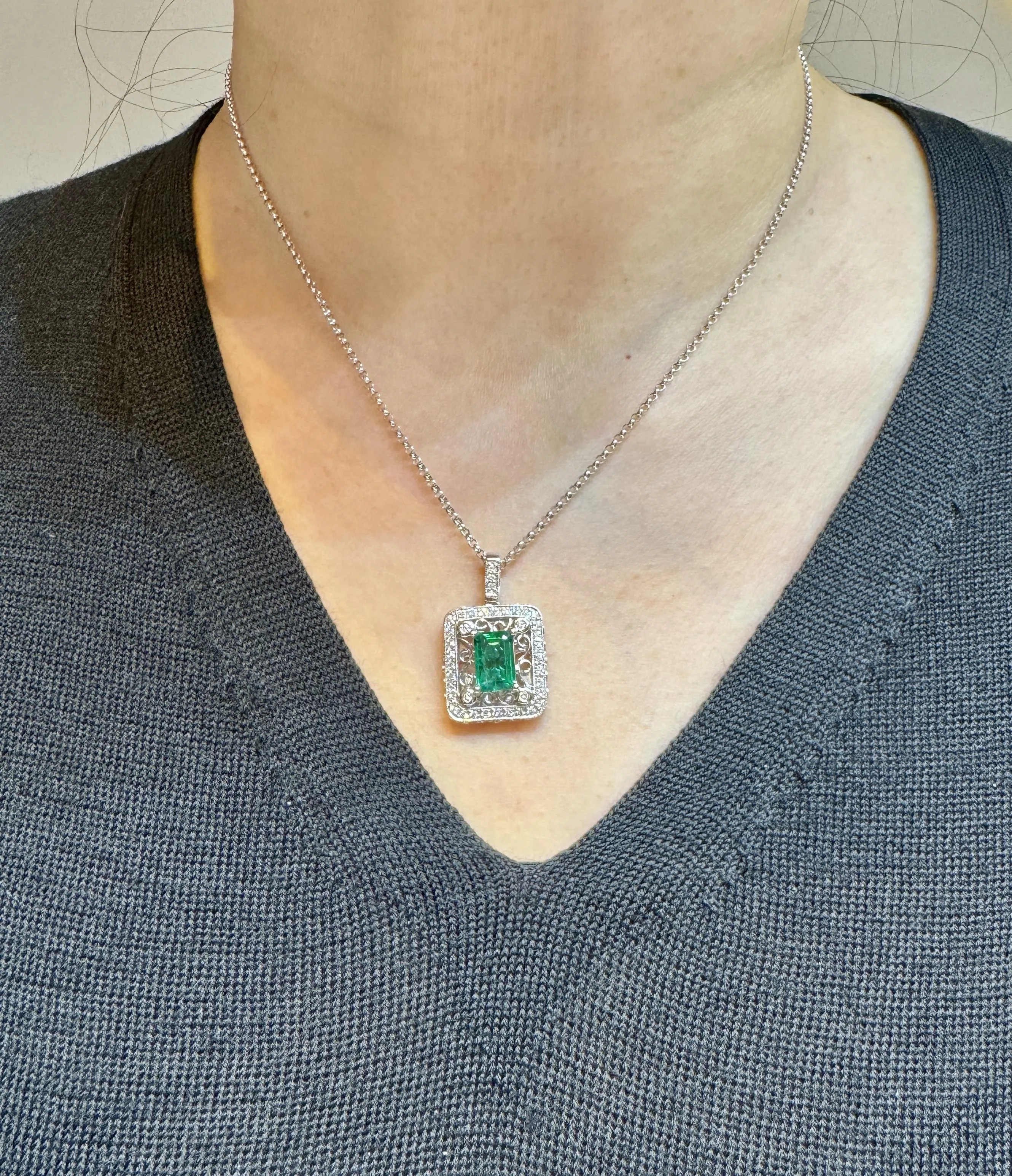 GIA Certified 1.39 Carat Zambian Emerald and Diamond Floral Box Pendant Necklace