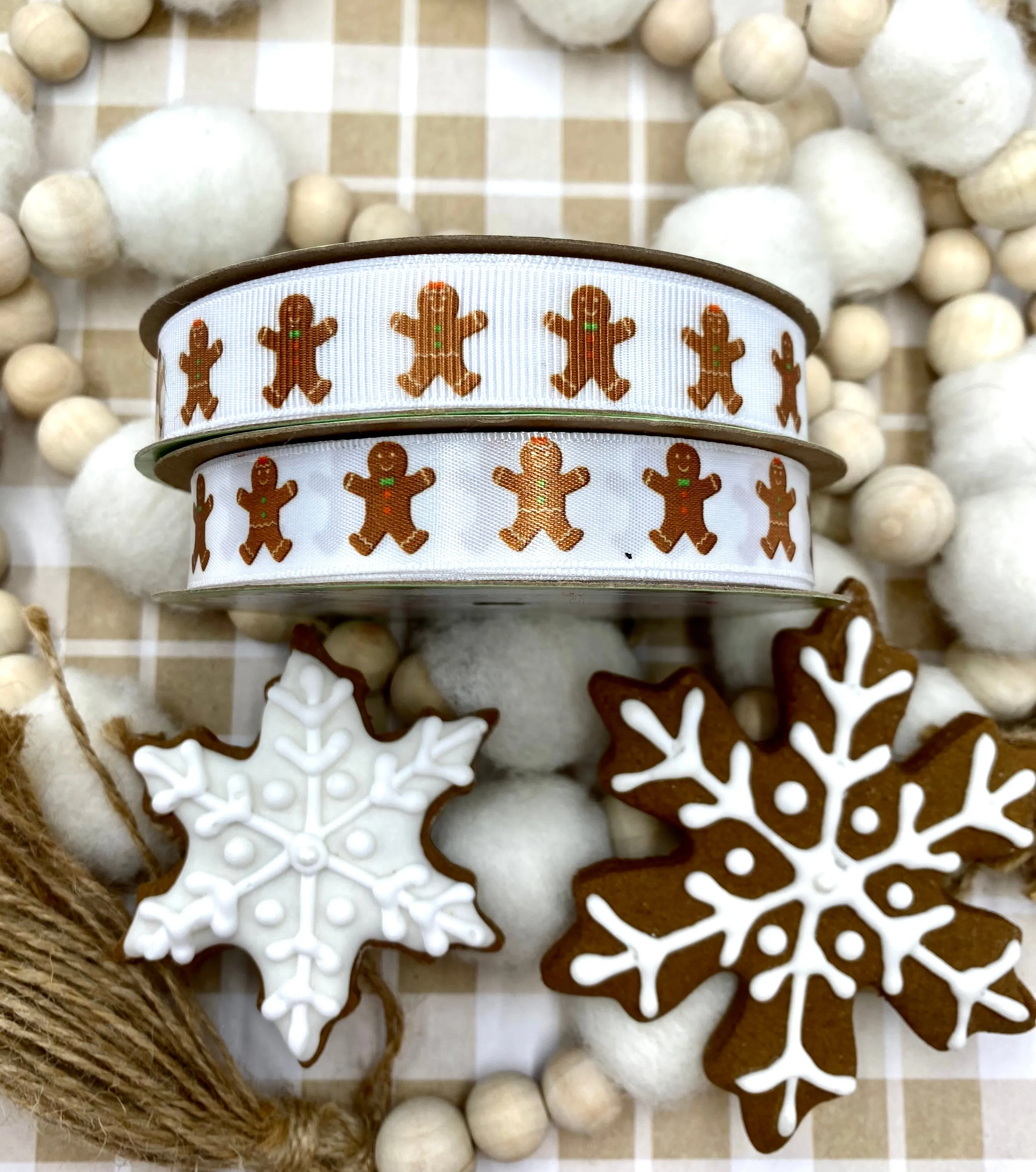 Gingerbread Men Ribbon Gingerbread cookies with green and red bows printed on 5/8" white satin and grosgrain