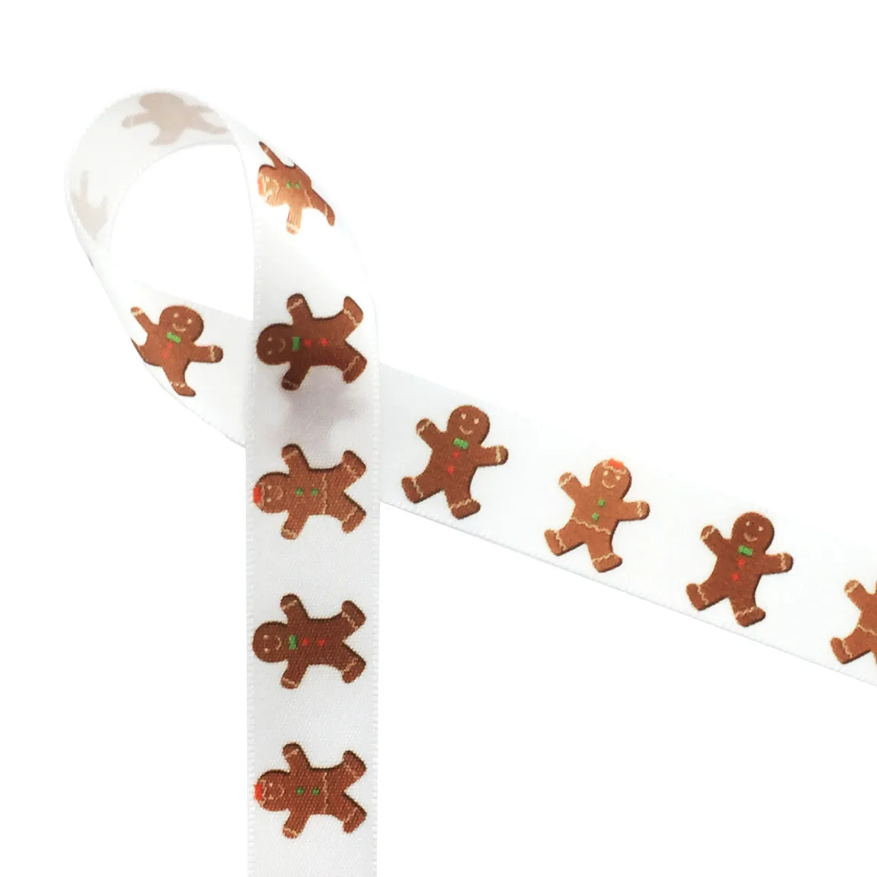 Gingerbread Men Ribbon Gingerbread cookies with green and red bows printed on 5/8" white satin and grosgrain