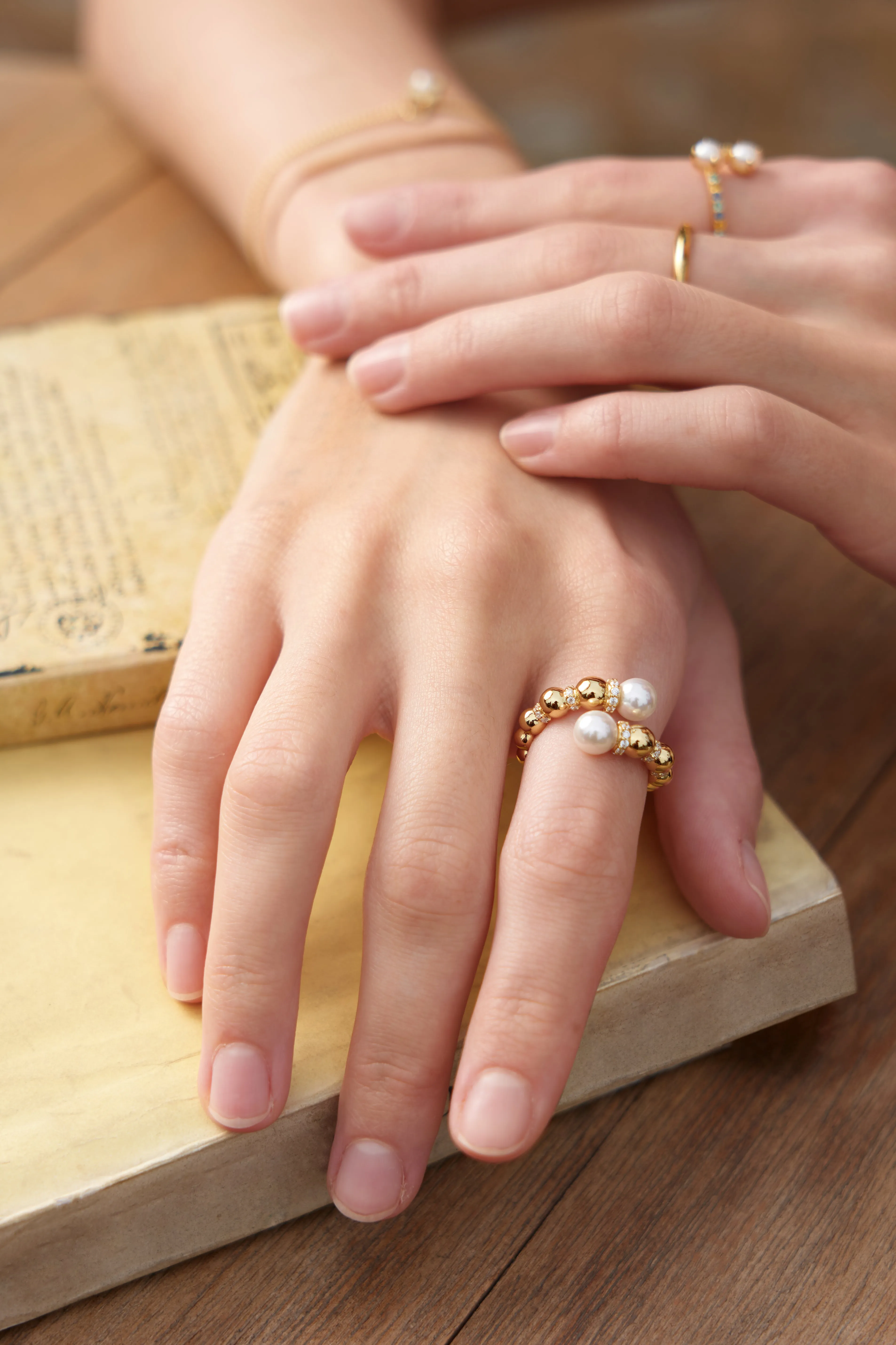 Gold Pearl Sparkle Adjustable Wrap Ring