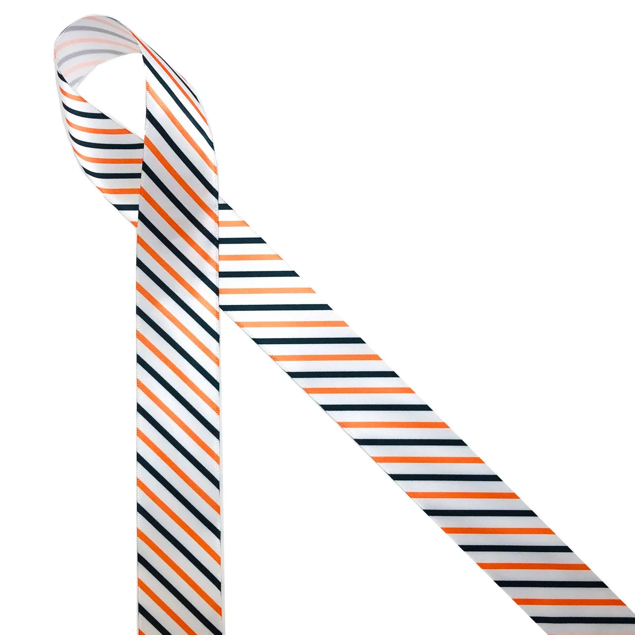Halloween striped ribbon in orange, black and white printed on 5/8", 7/8" and 1.5" white single face satin
