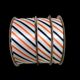 Halloween striped ribbon in orange, black and white printed on 5/8", 7/8" and 1.5" white single face satin