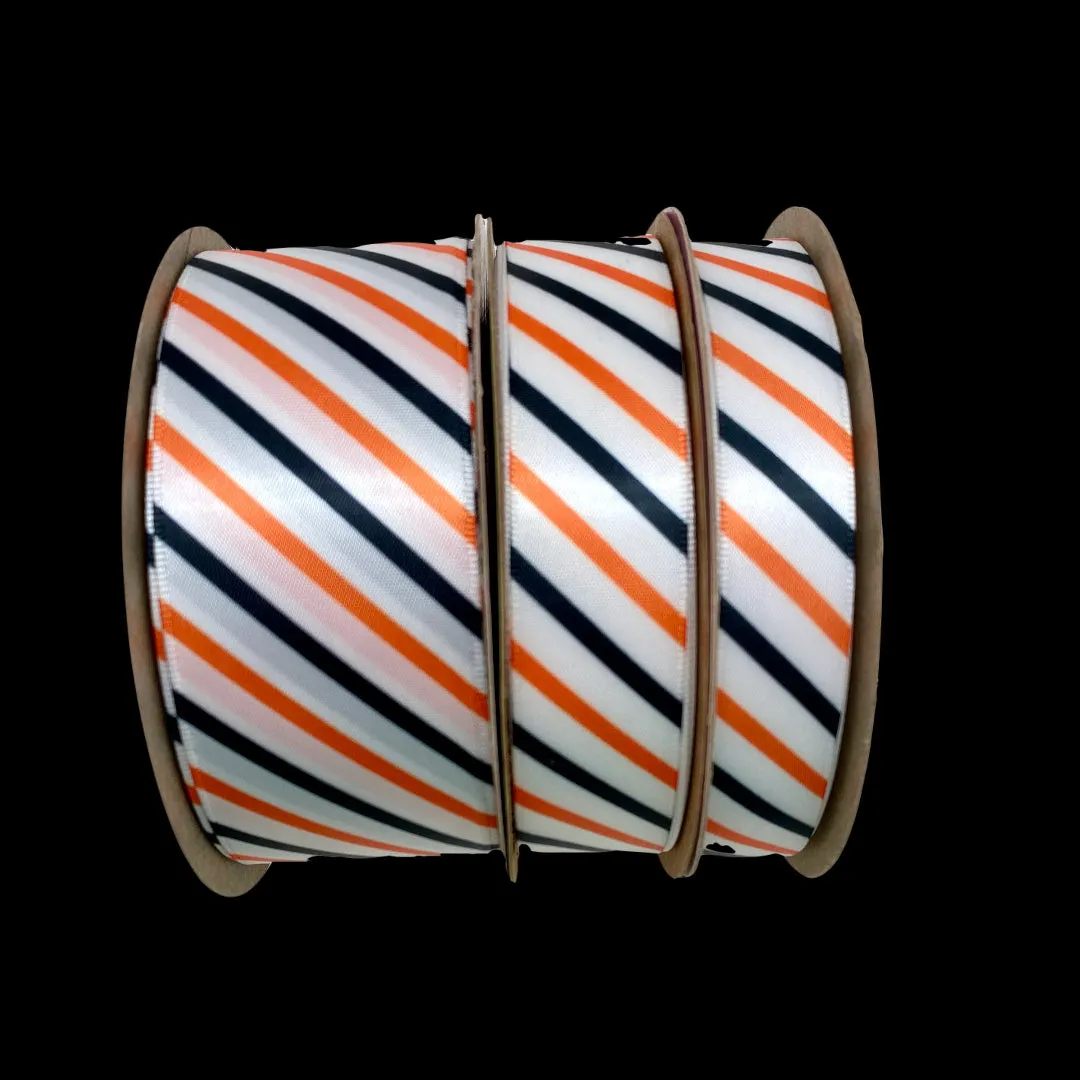 Halloween striped ribbon in orange, black and white printed on 5/8", 7/8" and 1.5" white single face satin
