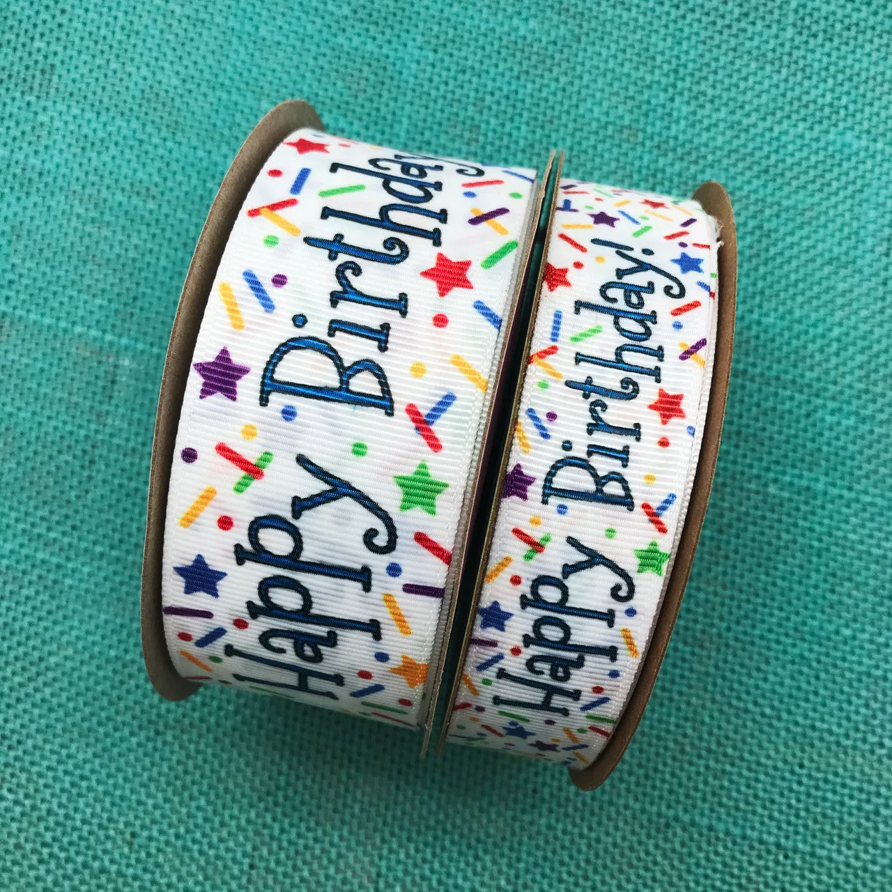 Happy Birthday Ribbon with Sprinkles in primary colors on 7/8" and 1.5"  White Grosgrain