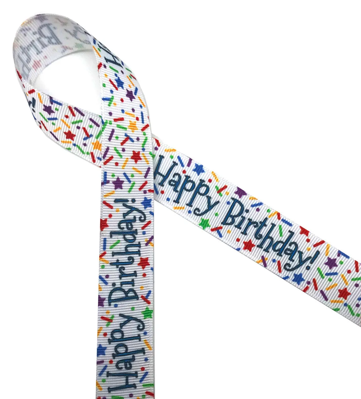 Happy Birthday Ribbon with Sprinkles in primary colors on 7/8" and 1.5"  White Grosgrain