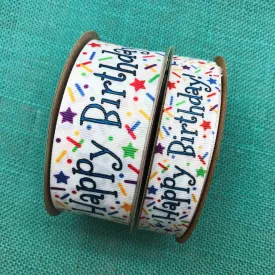 Happy Birthday Ribbon with Sprinkles in primary colors on 7/8" and 1.5"  White Grosgrain
