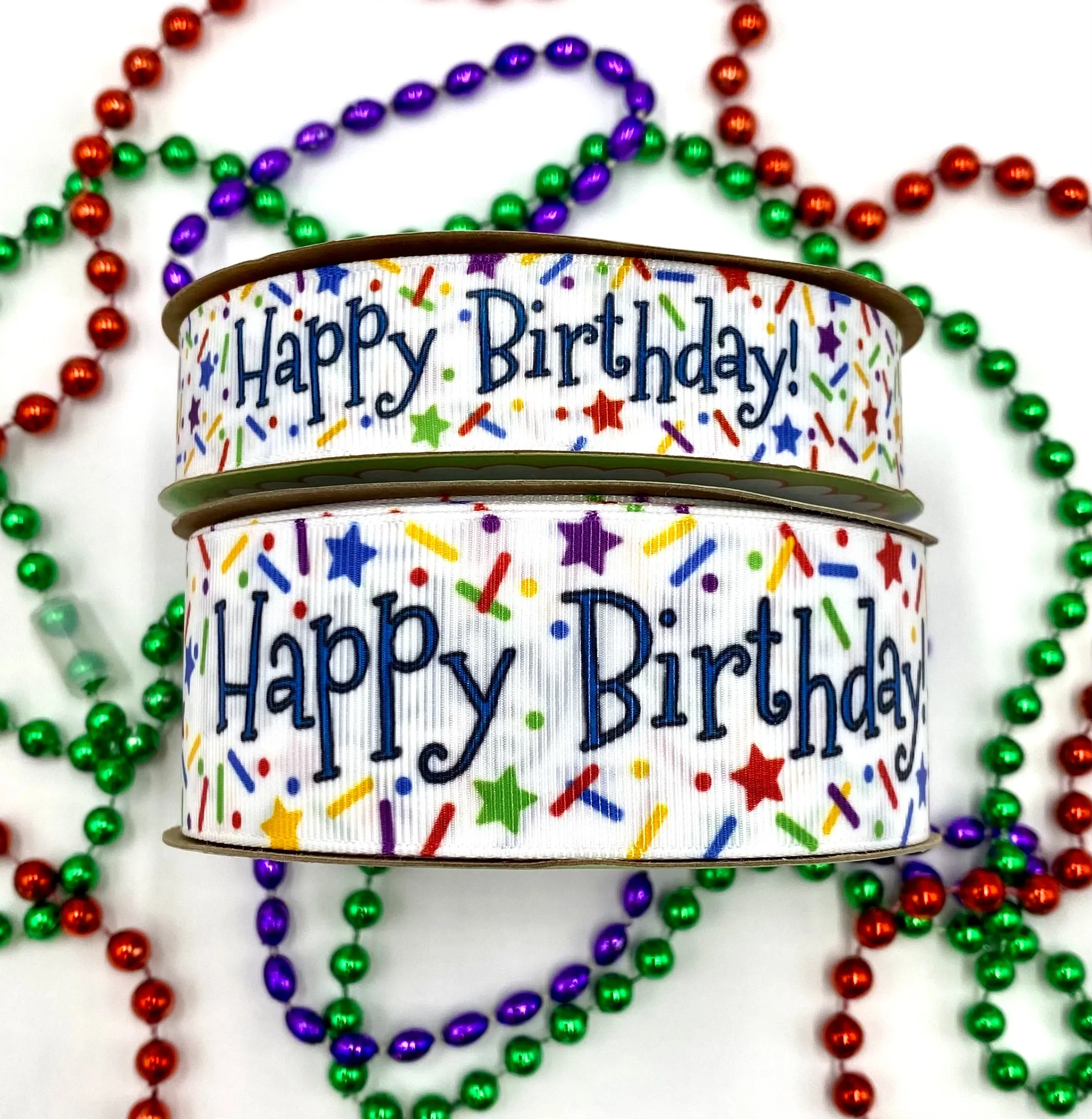 Happy Birthday Ribbon with Sprinkles in primary colors on 7/8" and 1.5"  White Grosgrain