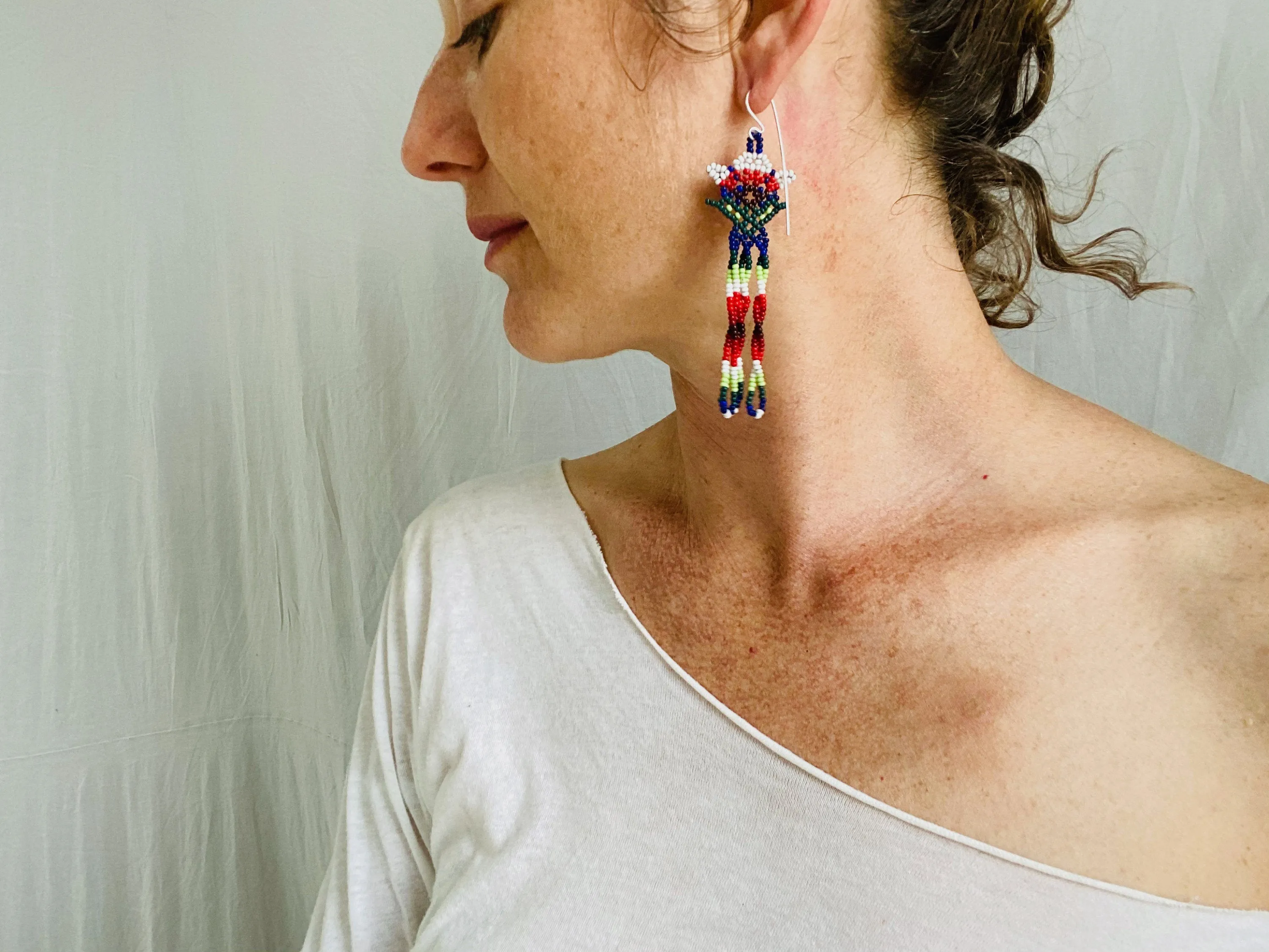 Huichol Beaded Flower Earrings. Mexico.