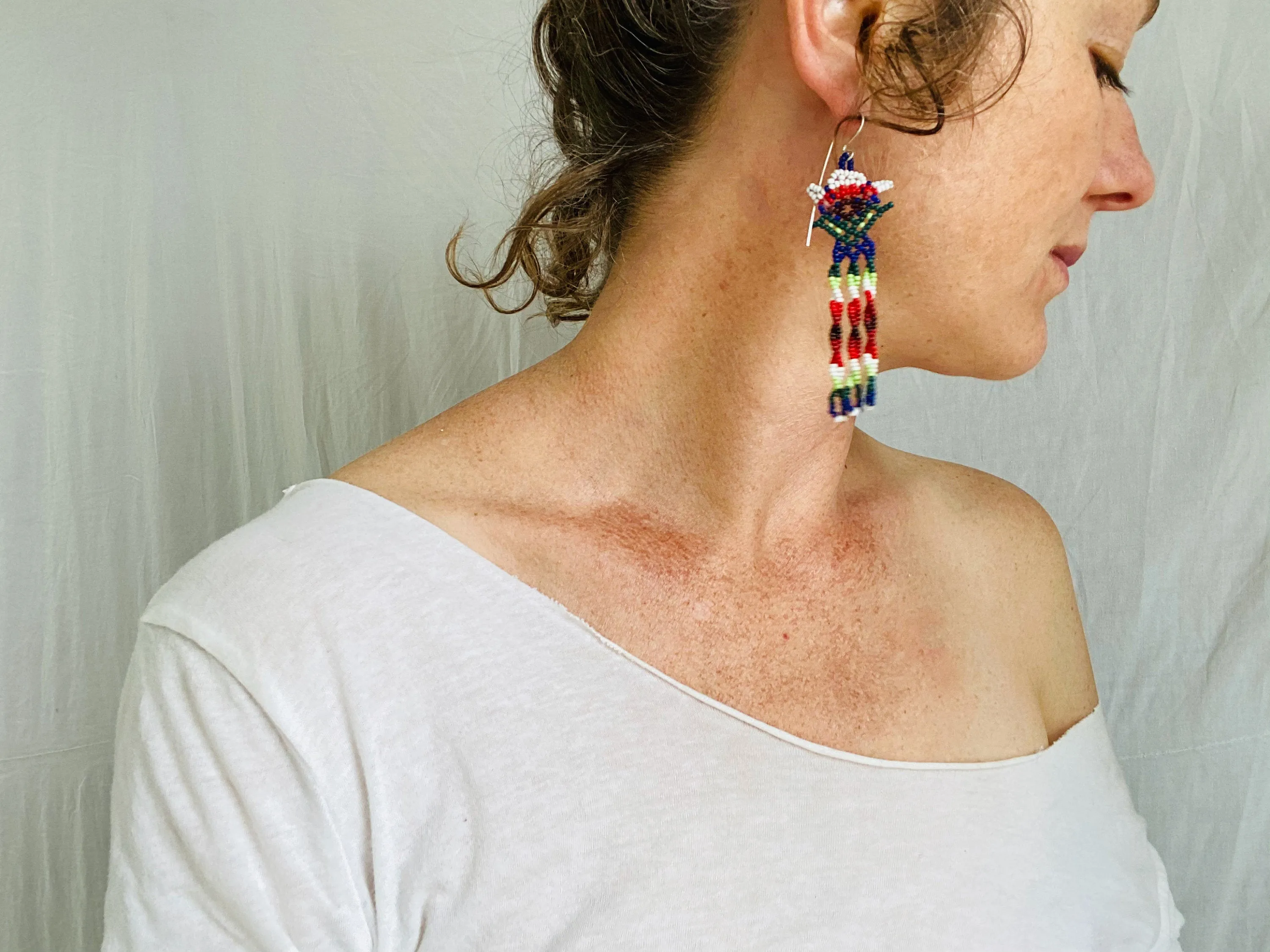 Huichol Beaded Flower Earrings. Mexico.