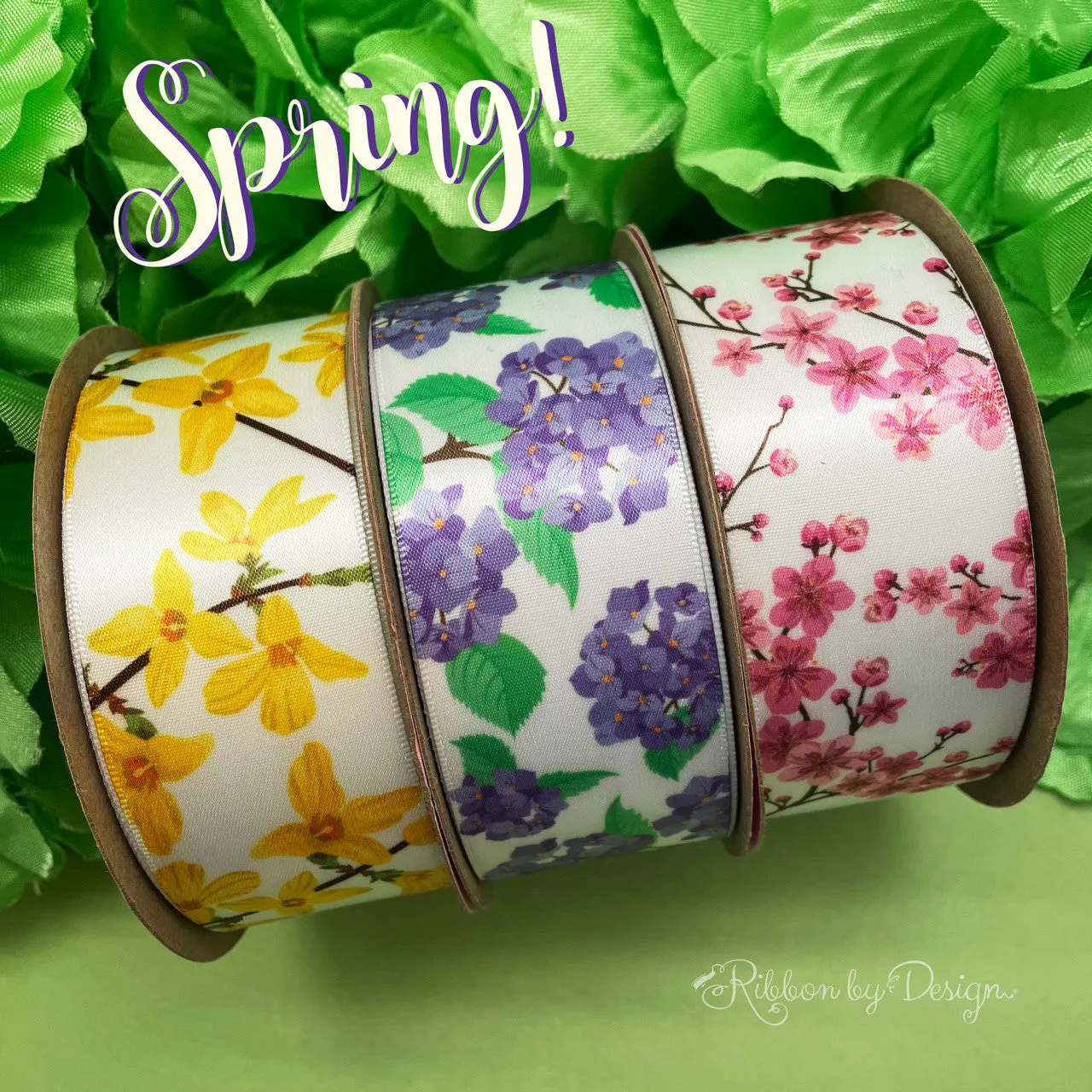 Hydrangea ribbon purple and lavender blooms printed on 1.5" satin ribbon