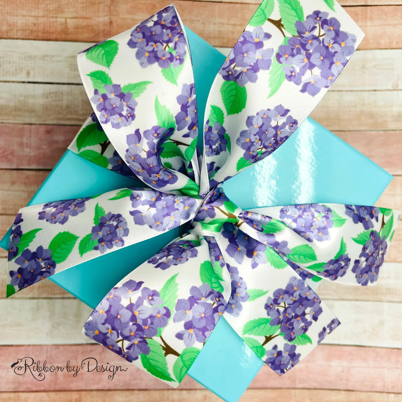Hydrangea ribbon purple and lavender blooms printed on 1.5" satin ribbon