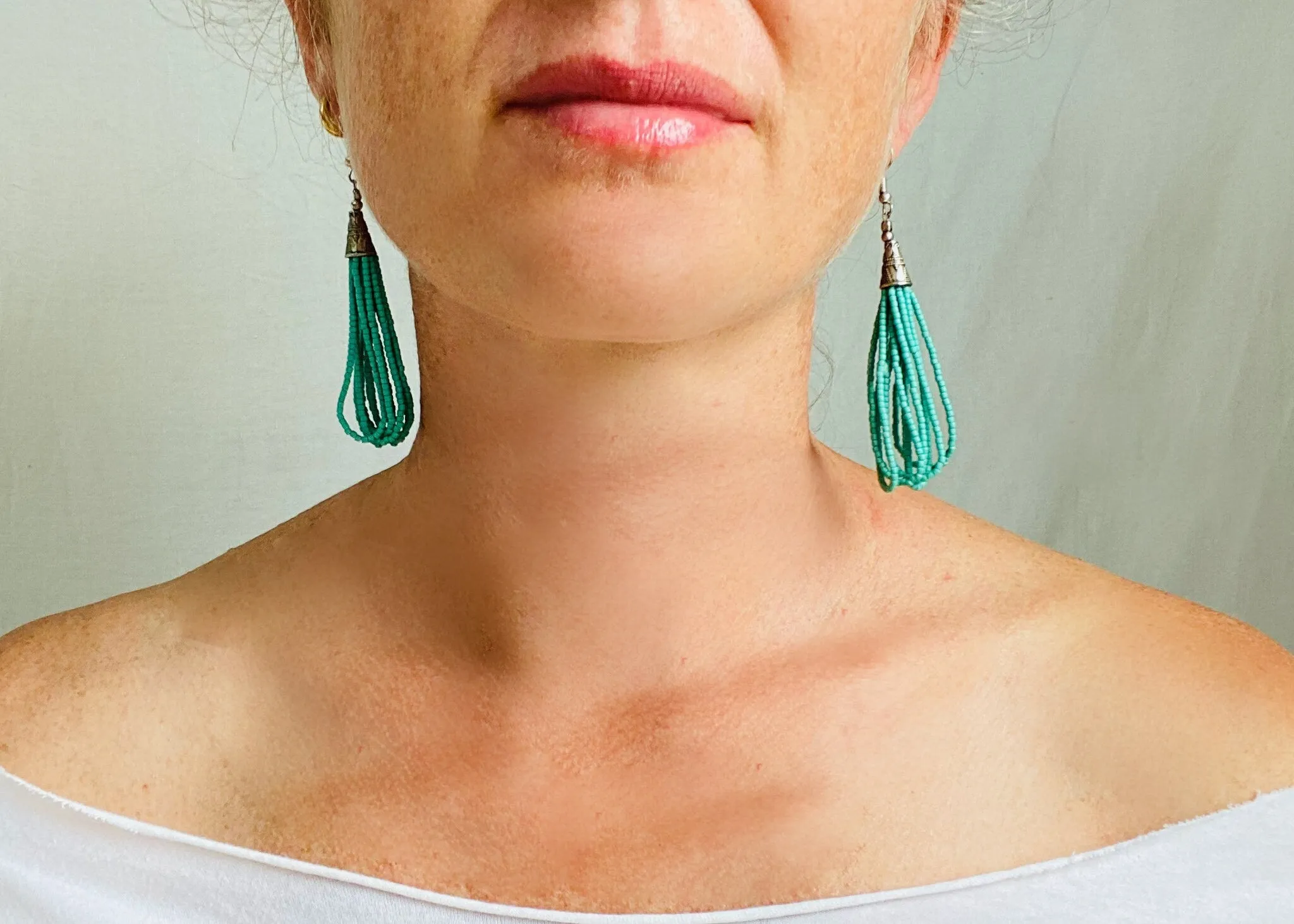 Kuchi Beaded Tassel Earrings. Sterling Ear Wire. 3.5" long