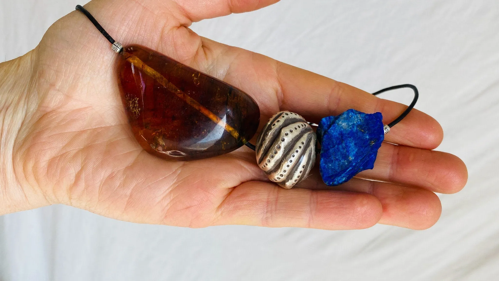 Large Amber, Lapis and Silver on a Leather Cord