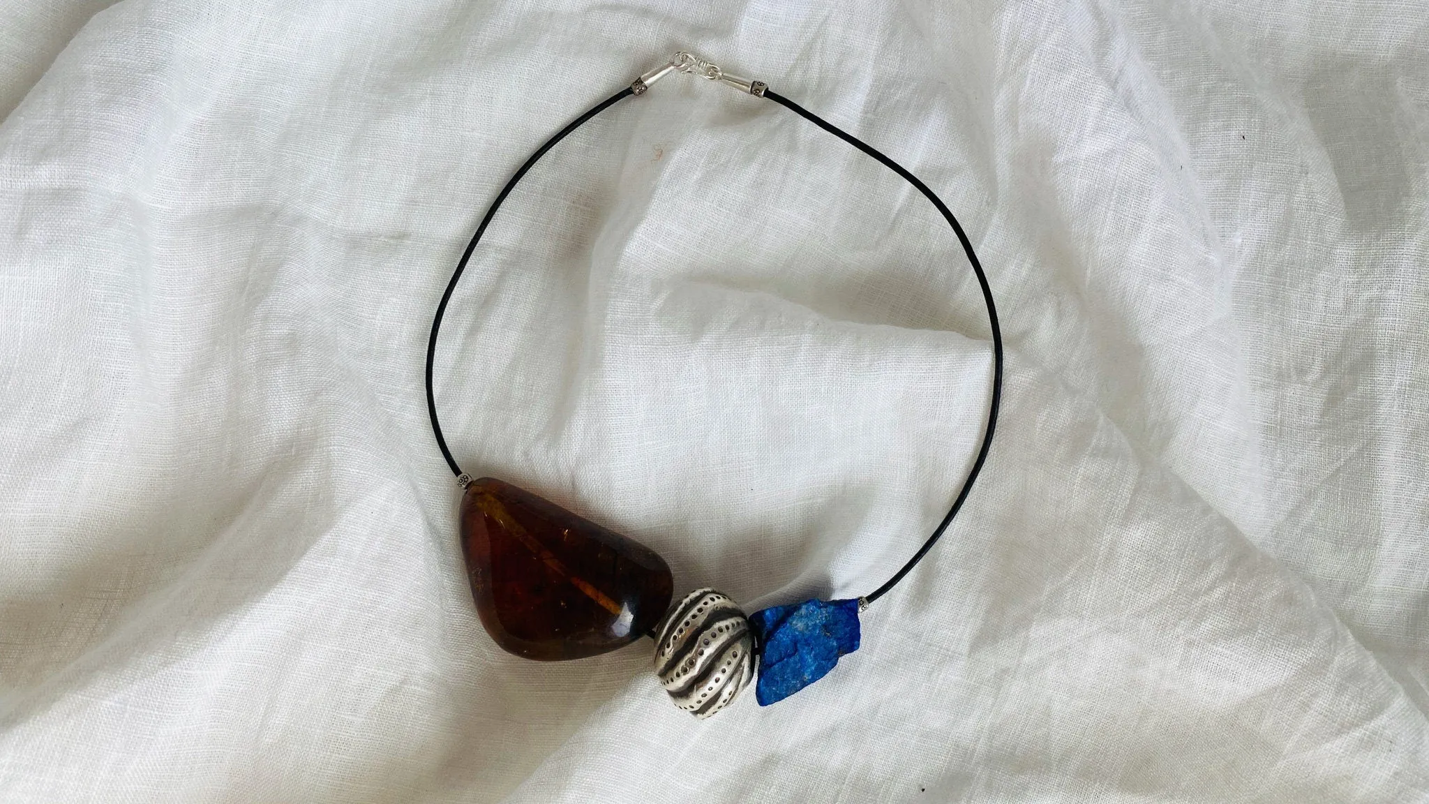 Large Amber, Lapis and Silver on a Leather Cord