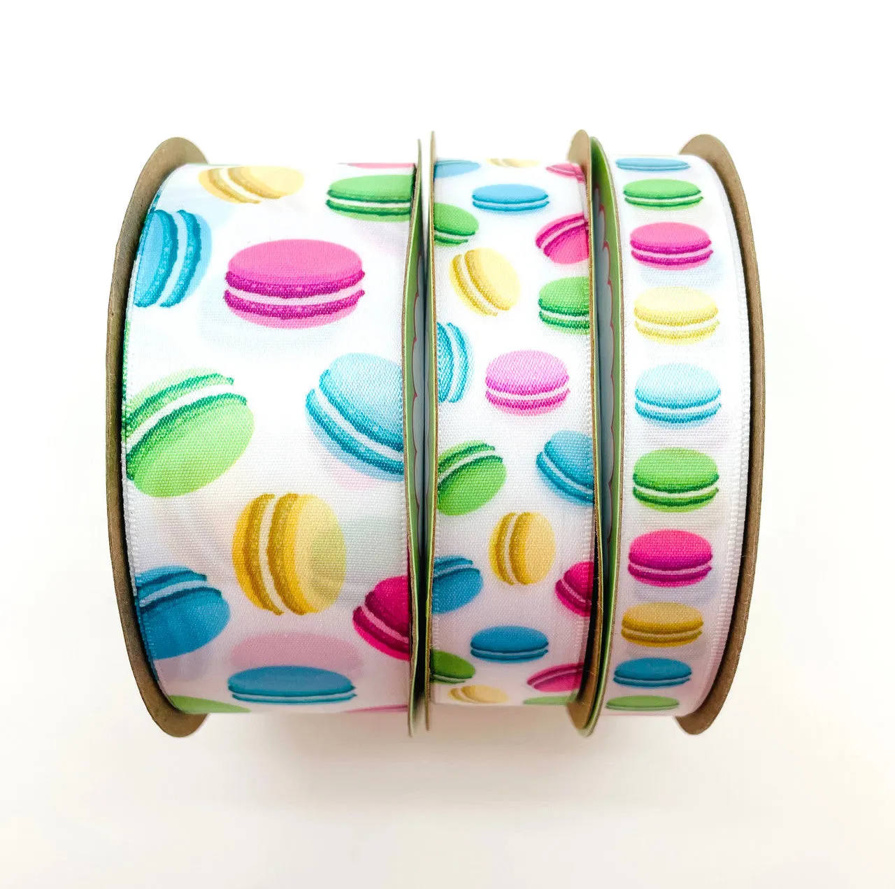 Macaroon ribbon cookies in pastel printed on 1.5" white satin